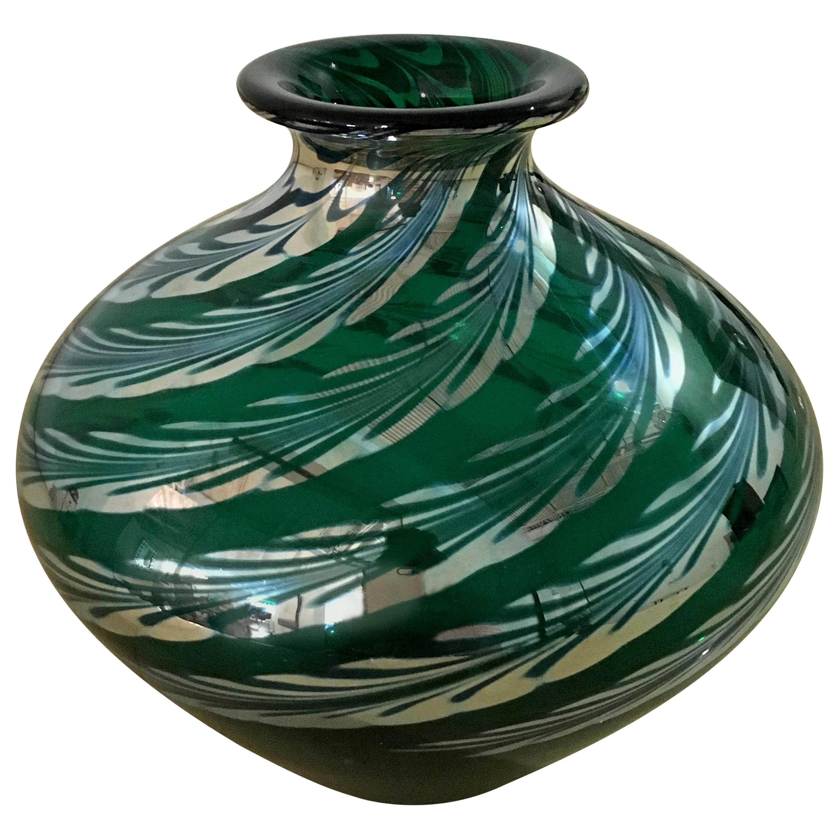 Baluster Form Iridescent Emerald Green w/ Silvered Feather Swirl Art Glass Vase For Sale