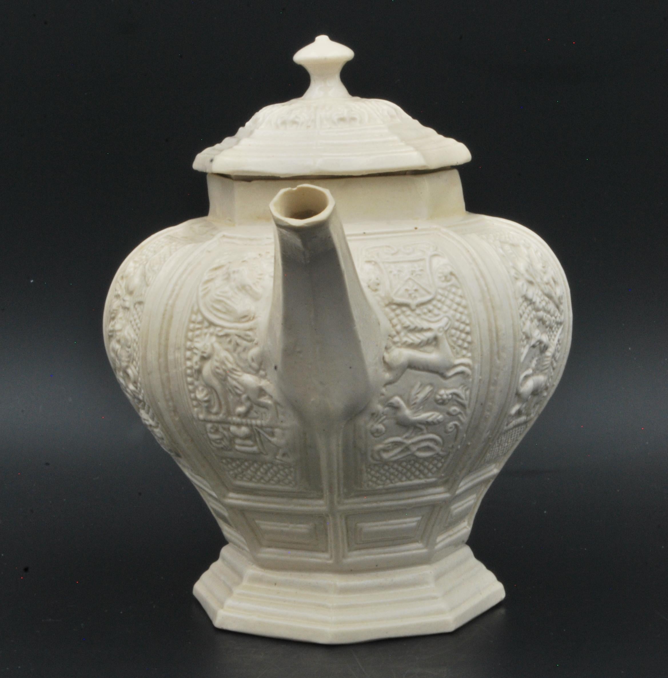 Chinoiserie Baluster-Form Saltglaze Teapot, Decorated with Faulous Beasts, England, C1745 For Sale