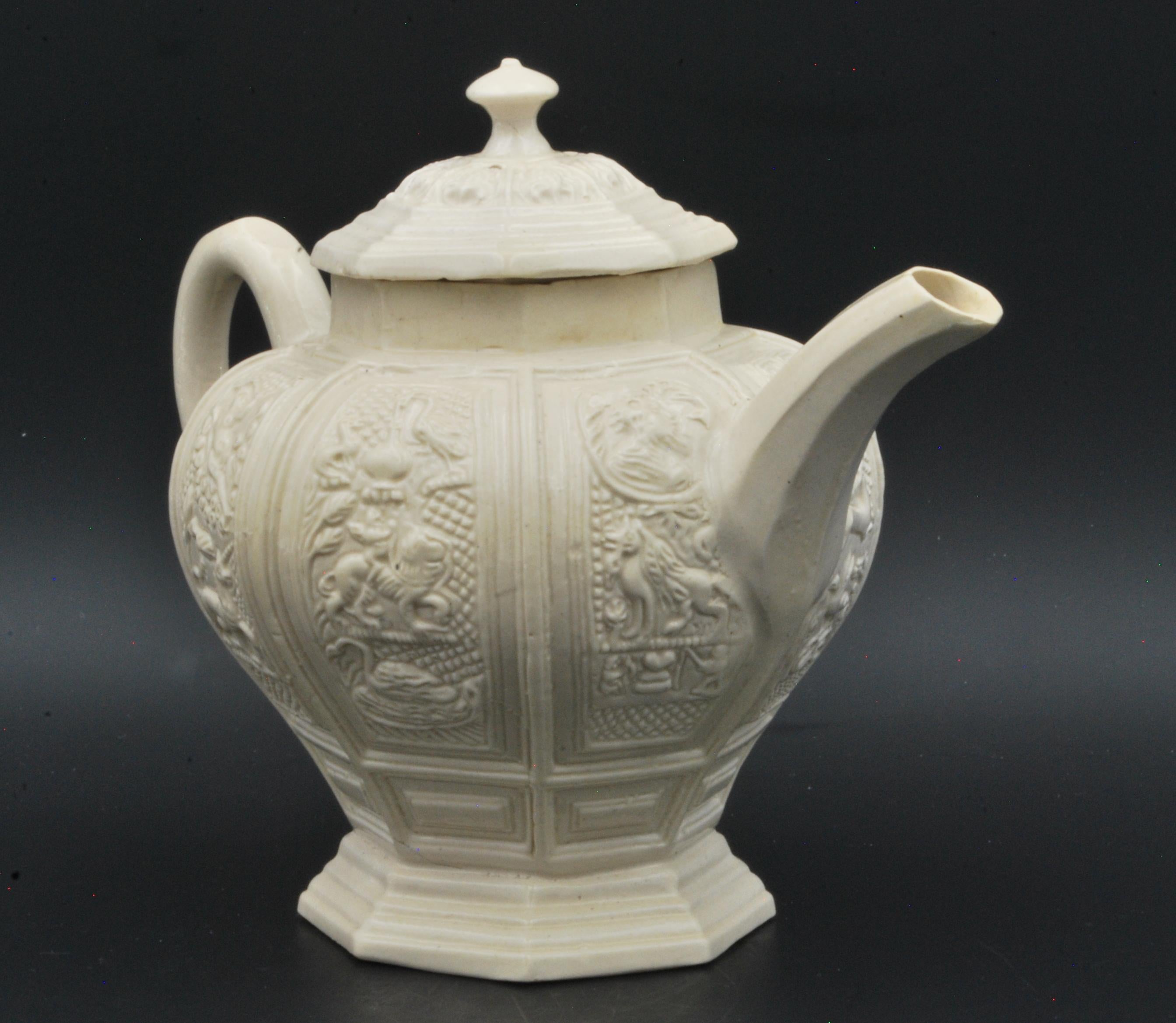 Molded Baluster-Form Saltglaze Teapot, Decorated with Faulous Beasts, England, C1745 For Sale