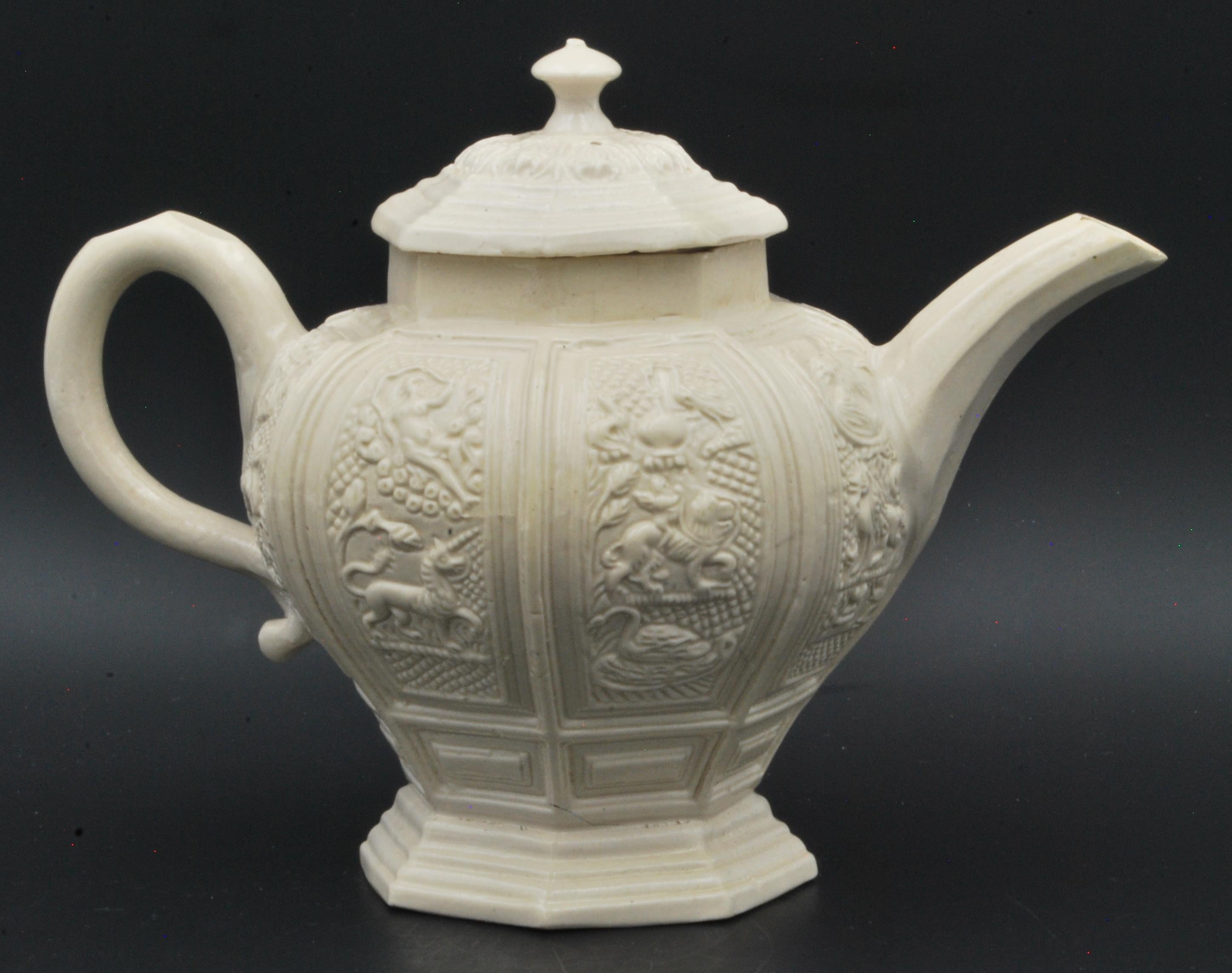 Molded Baluster-Form Saltglaze Teapot, Decorated with Faulous Beasts, England, C1745 For Sale