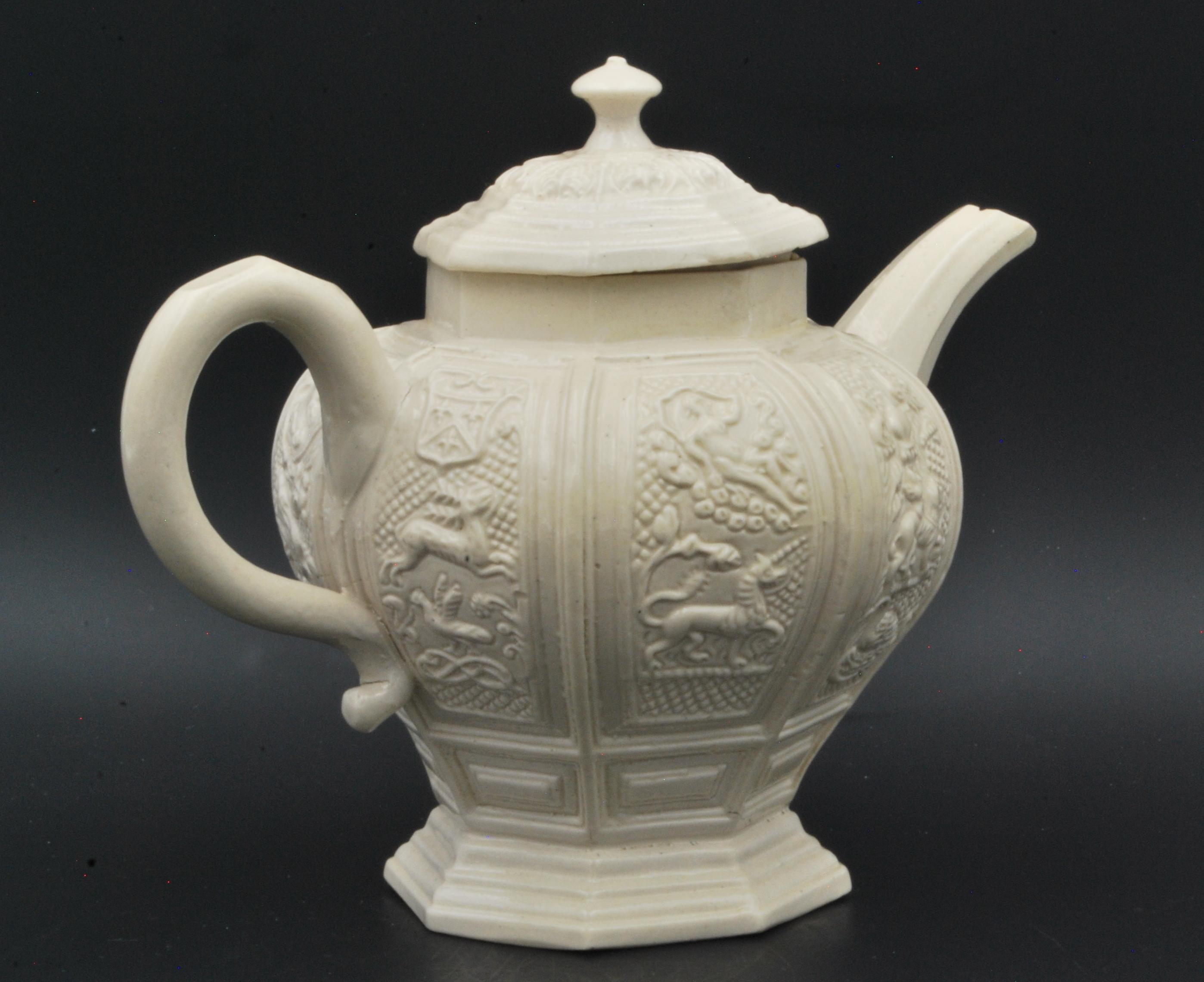 18th Century Baluster-Form Saltglaze Teapot, Decorated with Faulous Beasts, England, C1745 For Sale