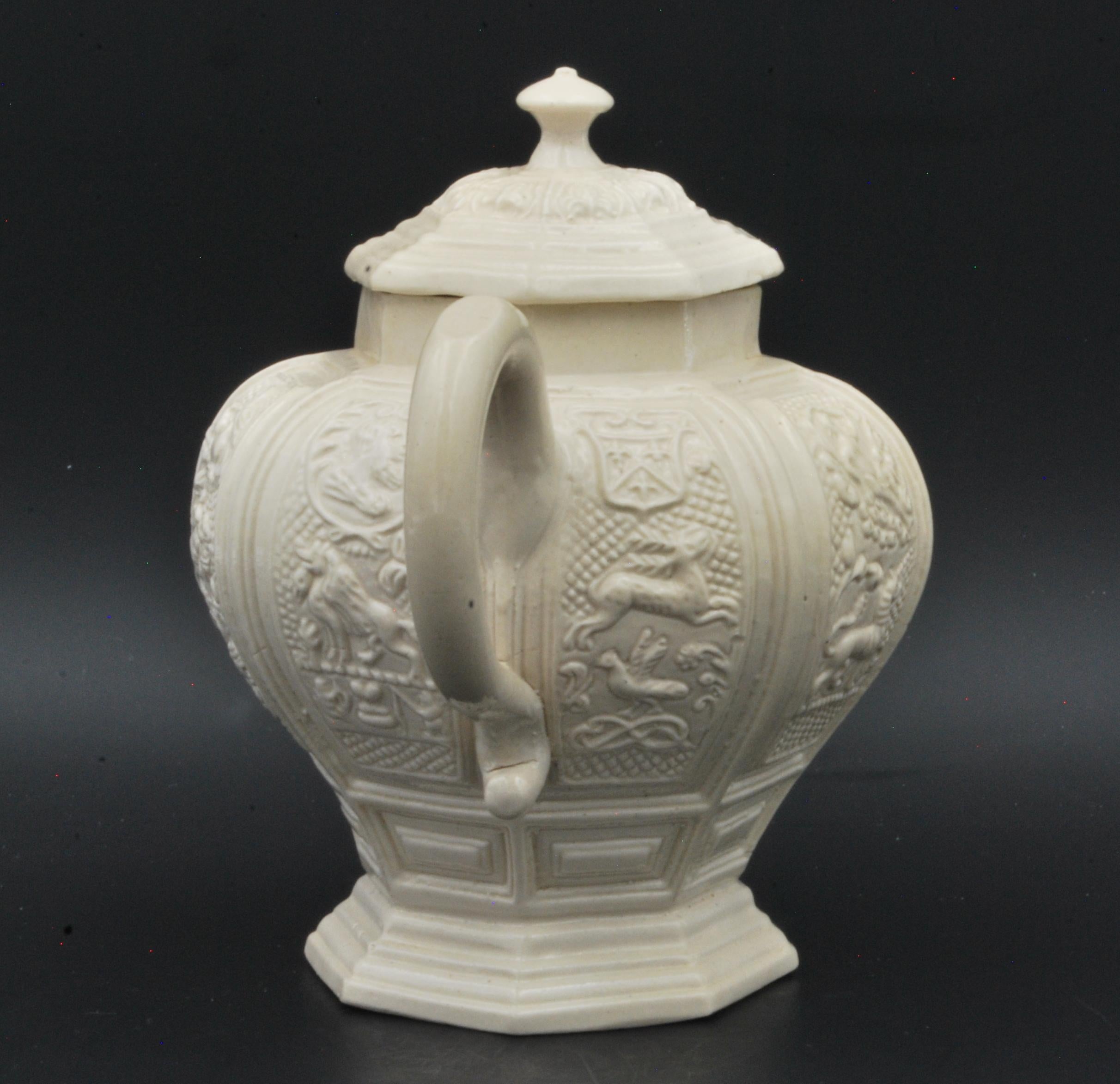 Stoneware Baluster-Form Saltglaze Teapot, Decorated with Faulous Beasts, England, C1745 For Sale