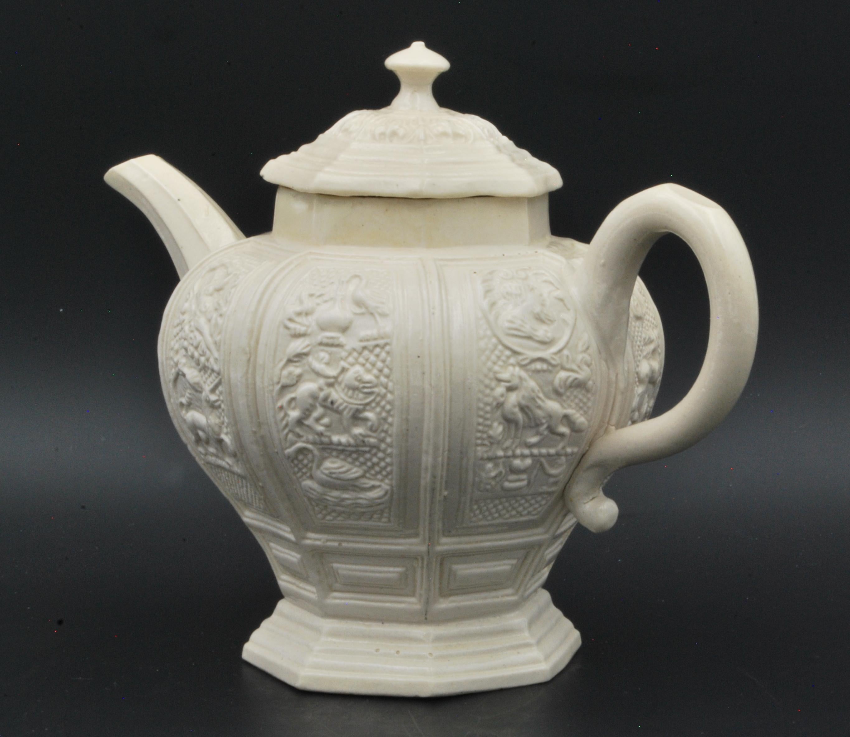 Baluster-Form Saltglaze Teapot, Decorated with Faulous Beasts, England, C1745 For Sale 1