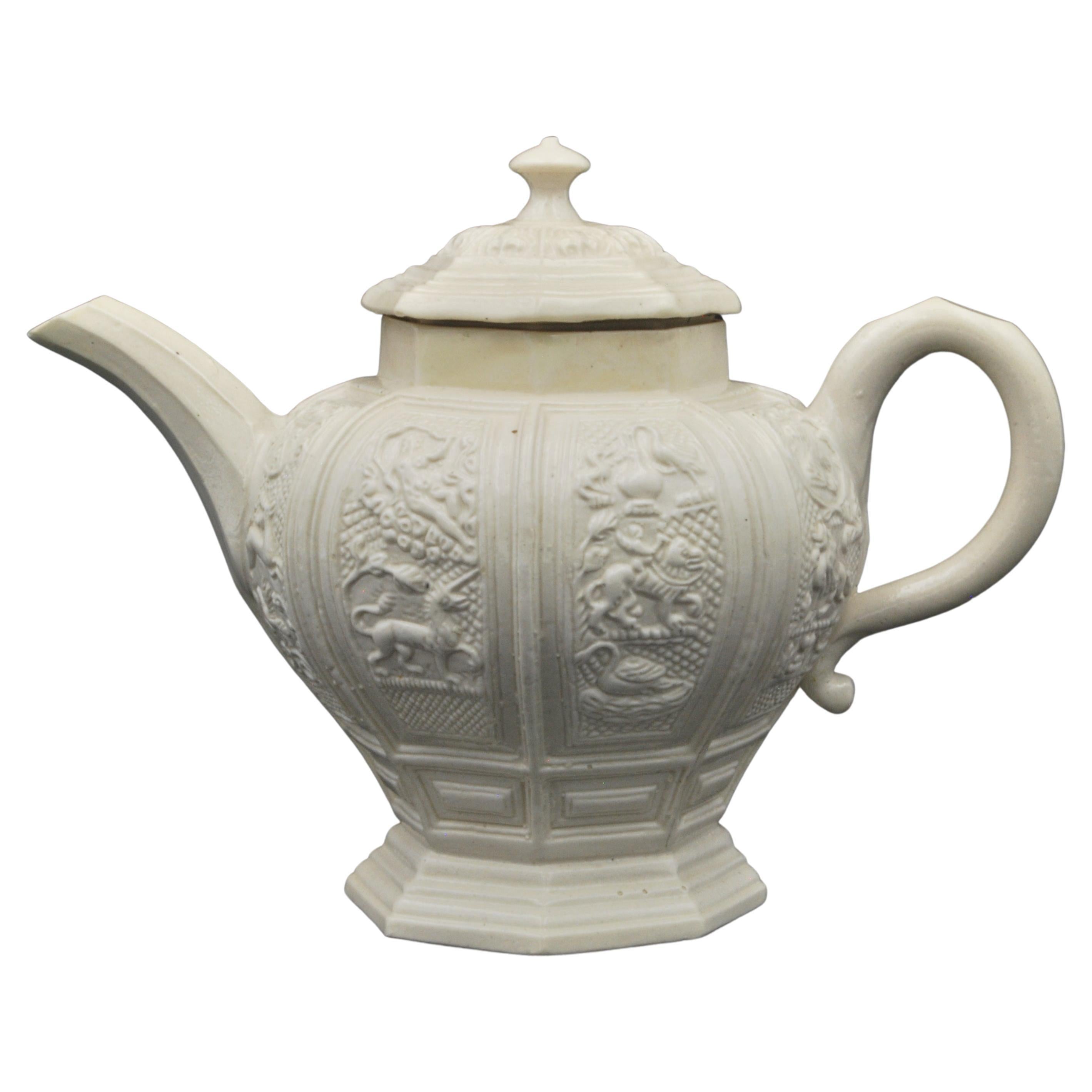 Baluster-Form Saltglaze Teapot, Decorated with Faulous Beasts, England, C1745 For Sale