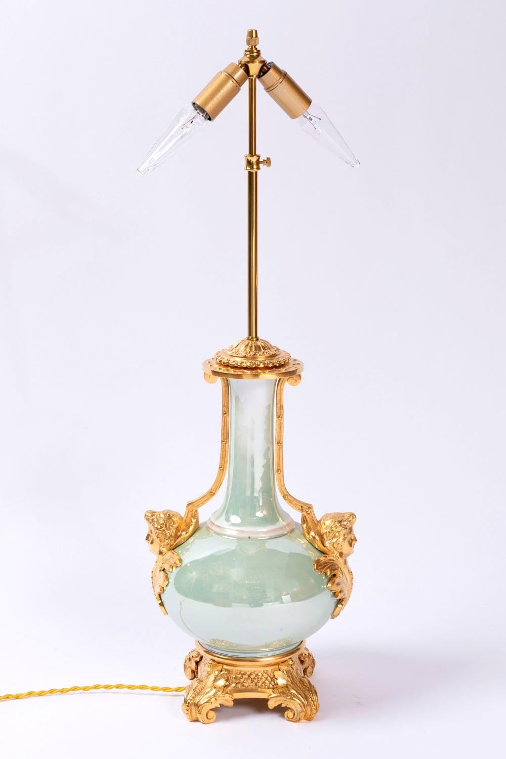 Baluster Lamp in Green Iridescent Porcelain and Gilt Bronze, circa 1880 In Good Condition In Saint-Ouen, FR