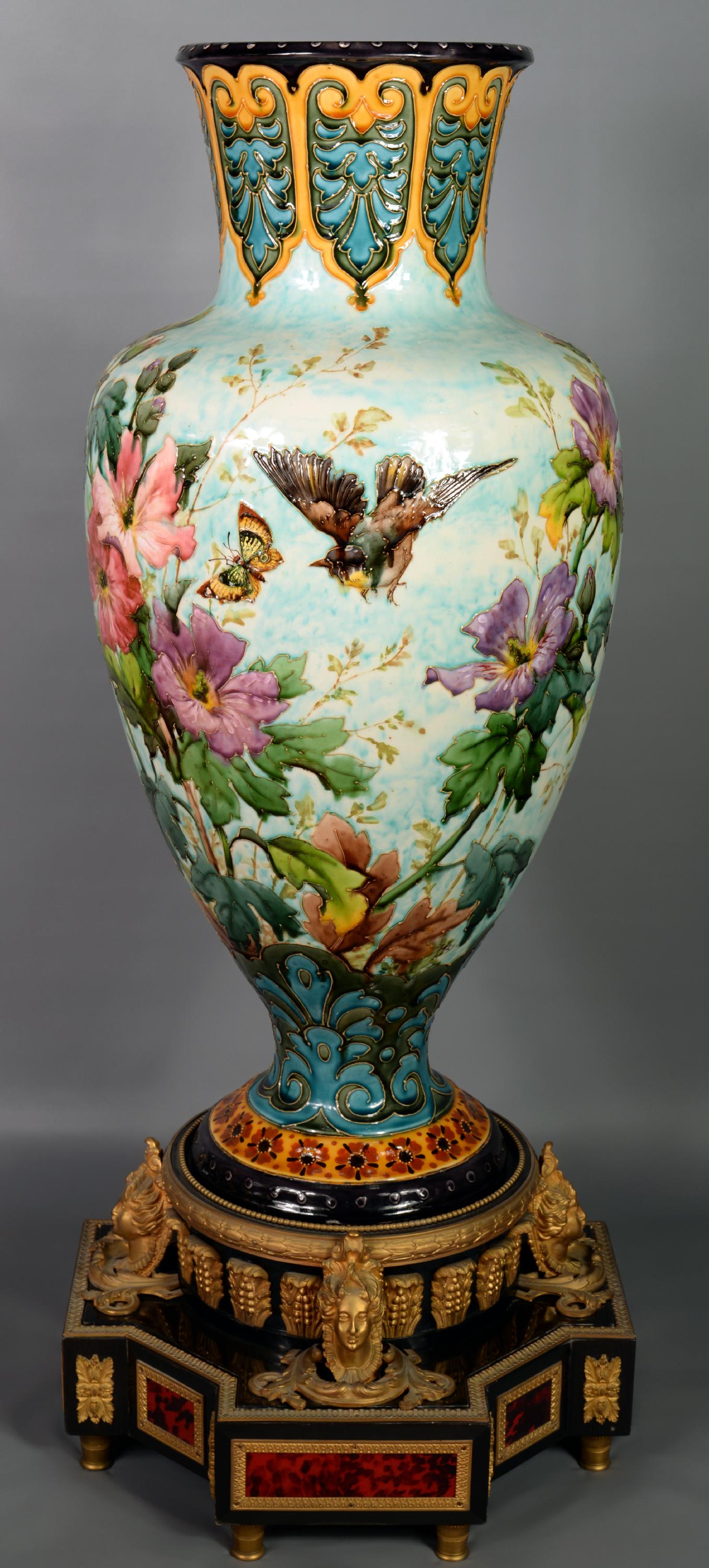 Painted Baluster Napoleon III Vase in Porcelain on a Base with Scales and Wood Veneer For Sale