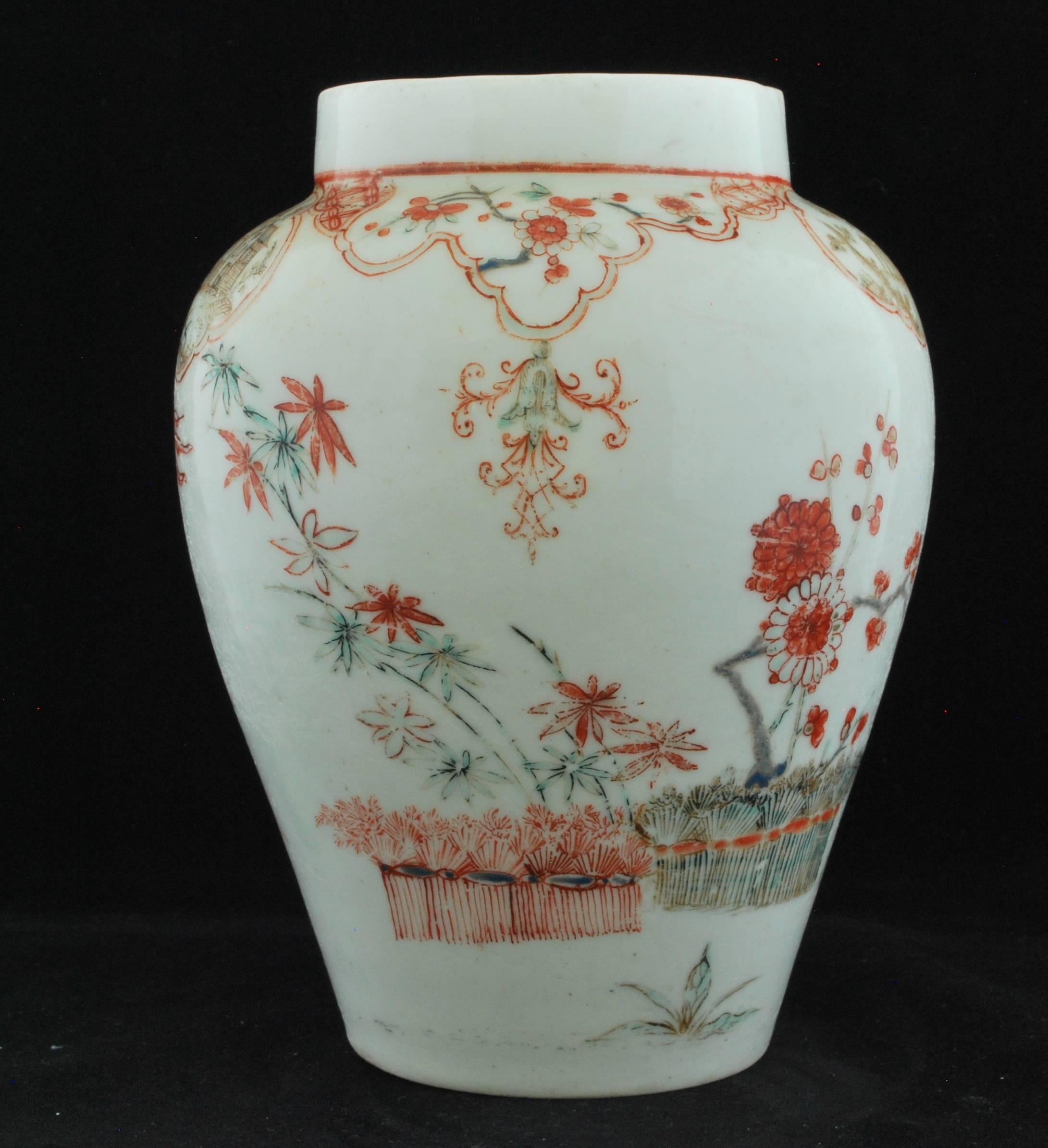 An early example of bow’s output, with a smooth, silky glaze. Painted after the Kakiemon with a phoenix, butterfly and various plants after the Japanese; with reserved panels featuring Chinese landscapes painted in a delicate sepia.

Provenance: