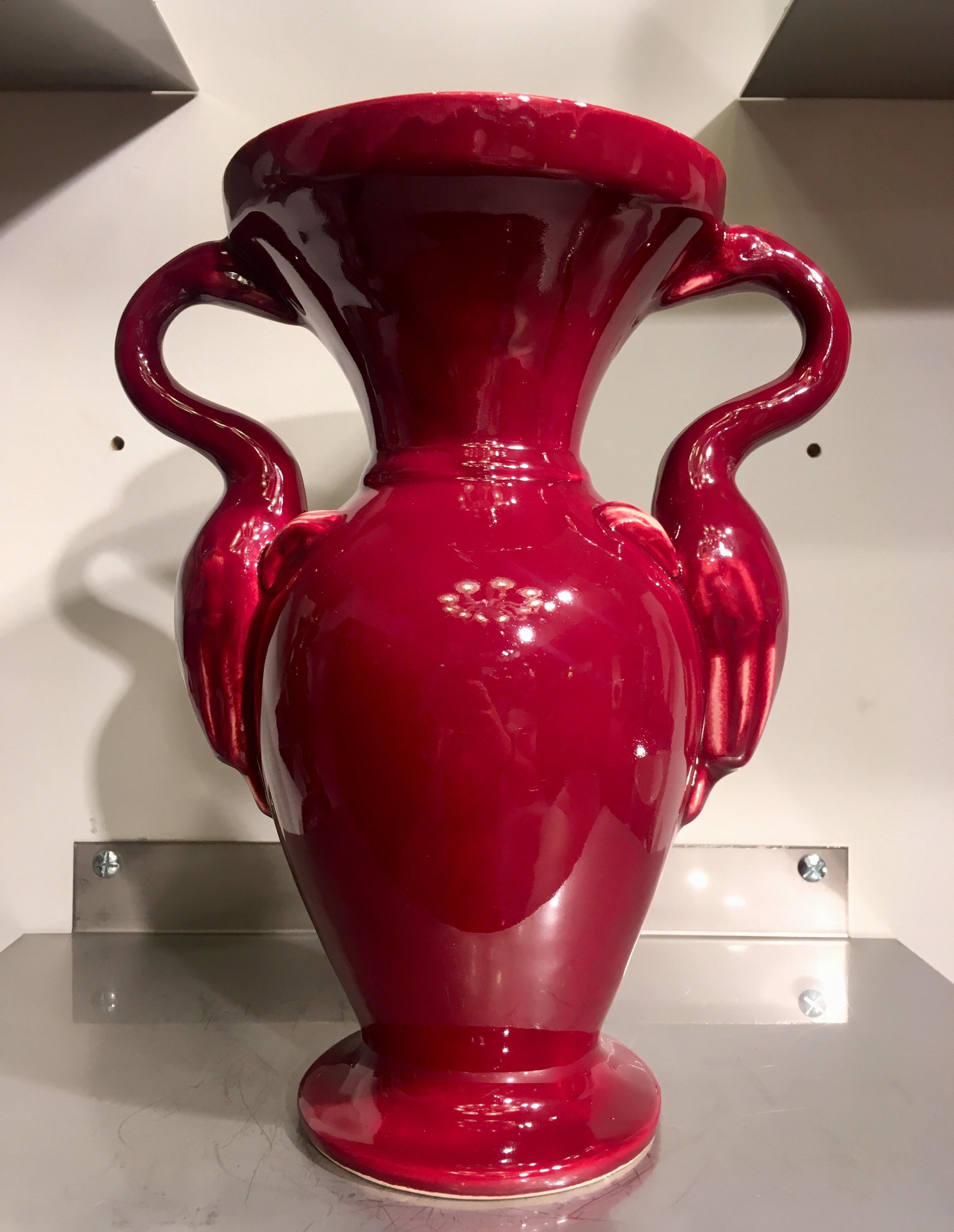 Mid-Century Modern Baluster Vase Red Ceramic with Flamingos Ray Camart, Antibes France, circa 1950 For Sale