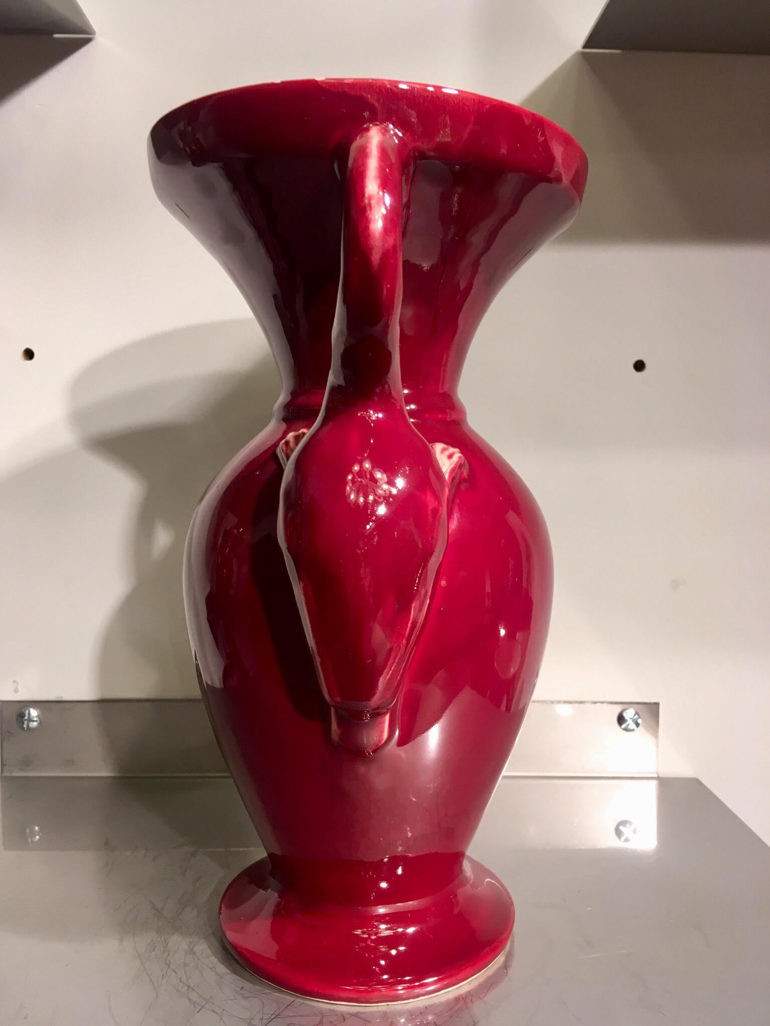 French Baluster Vase Red Ceramic with Flamingos Ray Camart, Antibes France, circa 1950 For Sale
