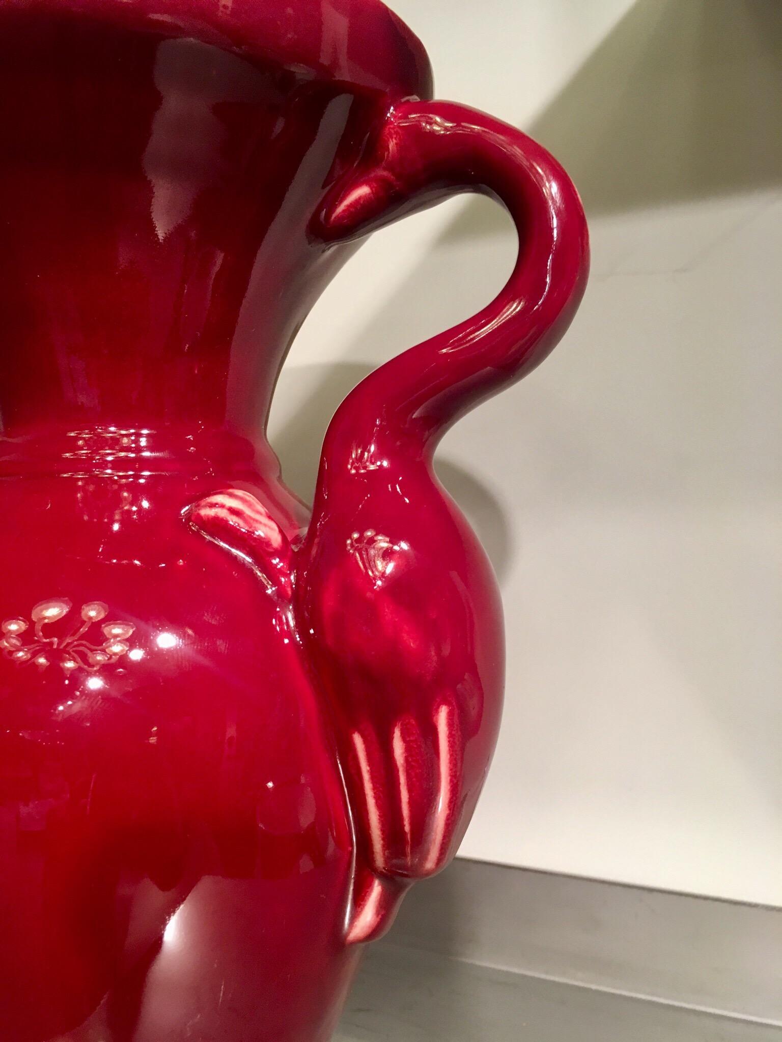 Mid-20th Century Baluster Vase Red Ceramic with Flamingos Ray Camart, Antibes France, circa 1950 For Sale