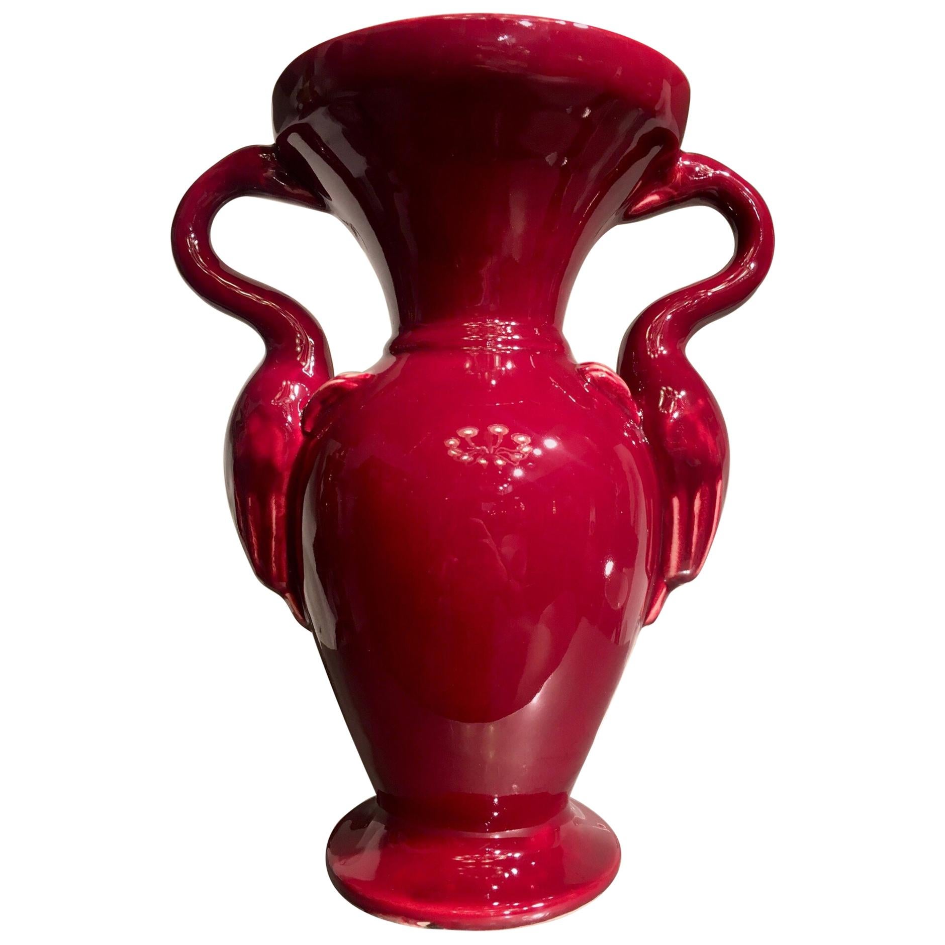 Baluster Vase Red Ceramic with Flamingos Ray Camart, Antibes France, circa 1950 For Sale