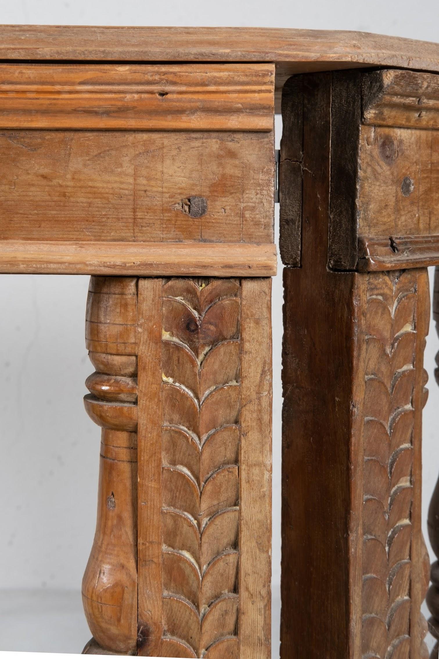 Solid wood console made out of a 18th century arolla pine Balustrade, and a spruce top from the same period.
