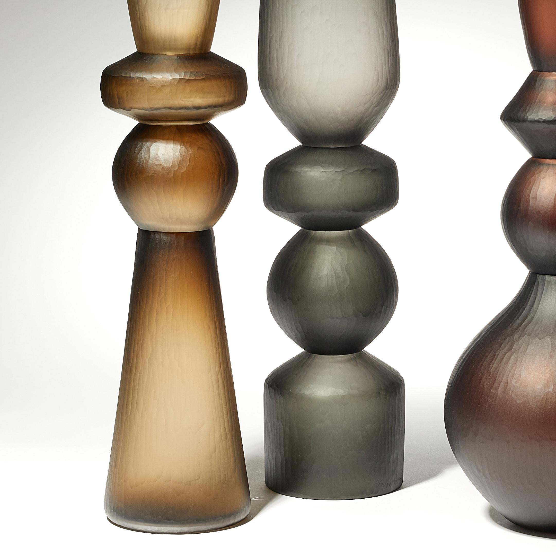 Organic Modern Balustrade Vase Trio, a Group of Olive, Steel & Brown Glass Vases by Simon Moore