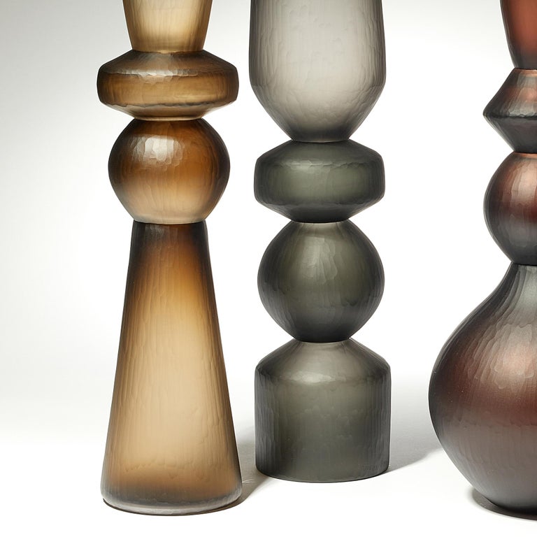 Organic Modern Balustrade Vase Trio, a Group of Olive, Steel & Brown Glass Vases by Simon Moore For Sale
