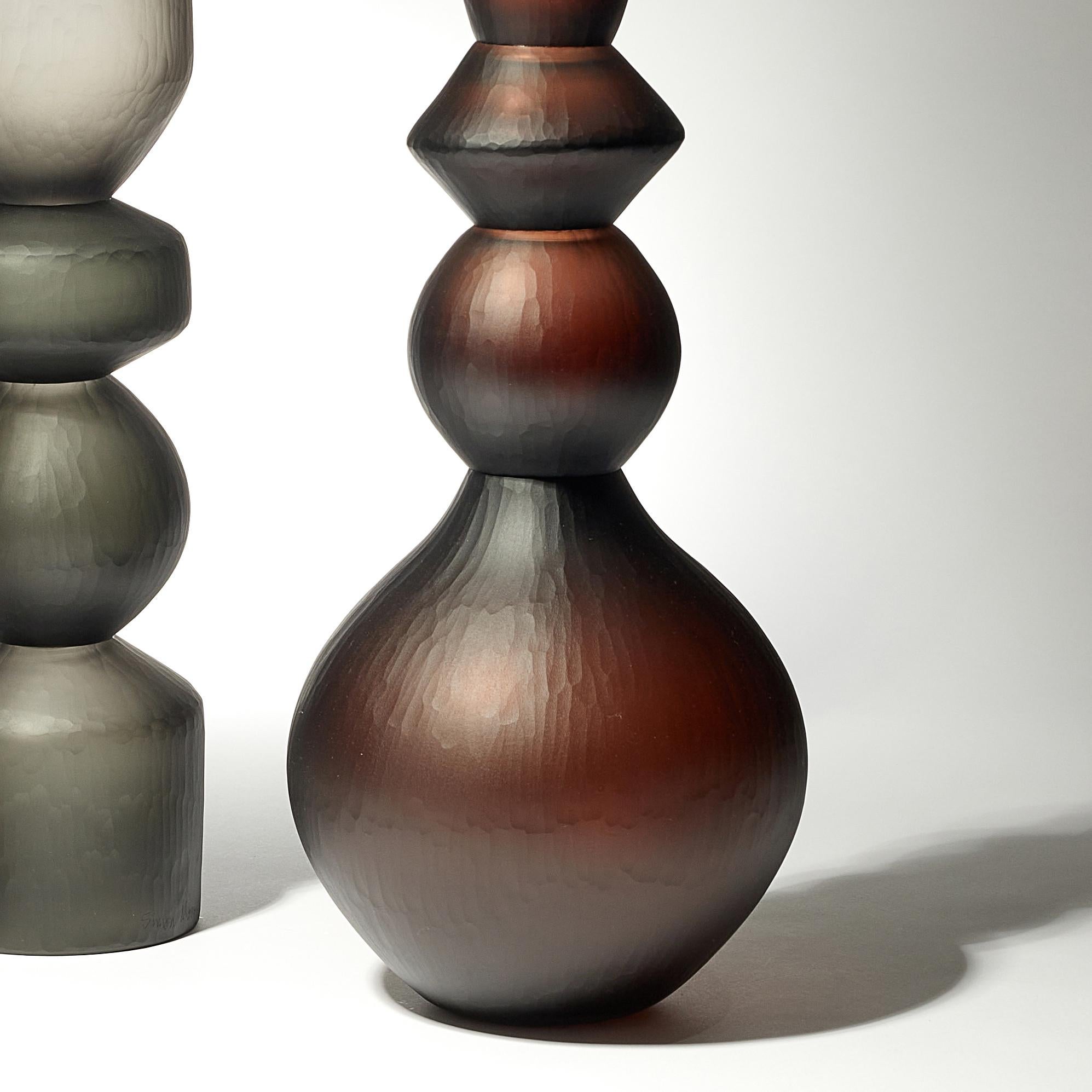 British Balustrade Vase Trio, a Group of Olive, Steel & Brown Glass Vases by Simon Moore