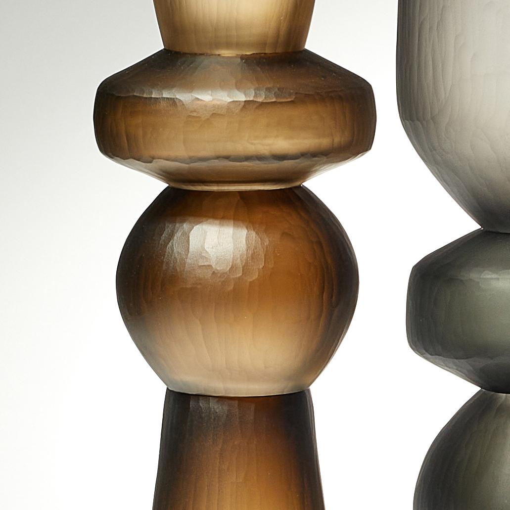 Hand-Crafted Balustrade Vase Trio, a Group of Olive, Steel & Brown Glass Vases by Simon Moore