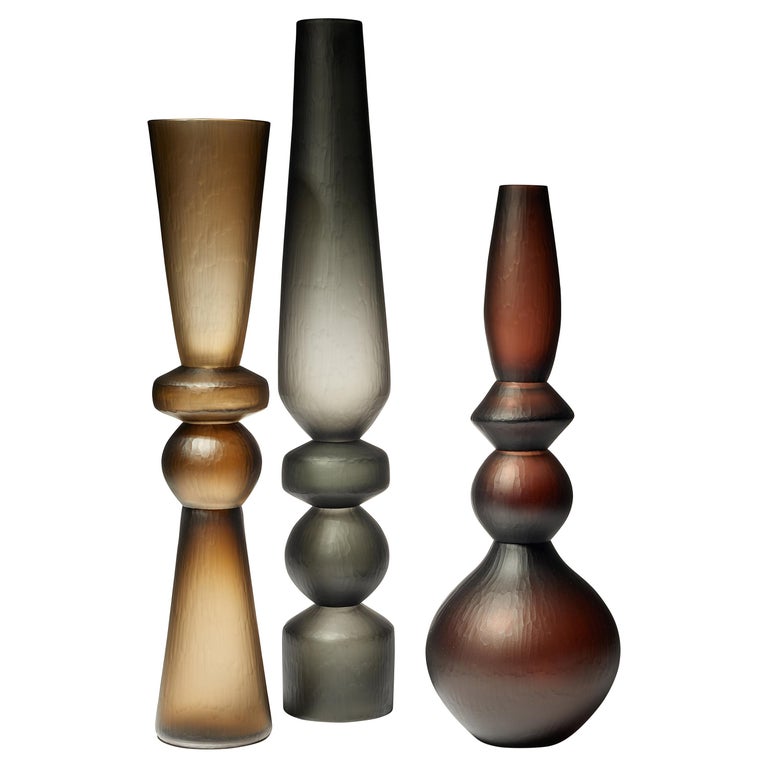 Balustrade Vase Trio, a Group of Olive, Steel & Brown Glass Vases by Simon Moore For Sale