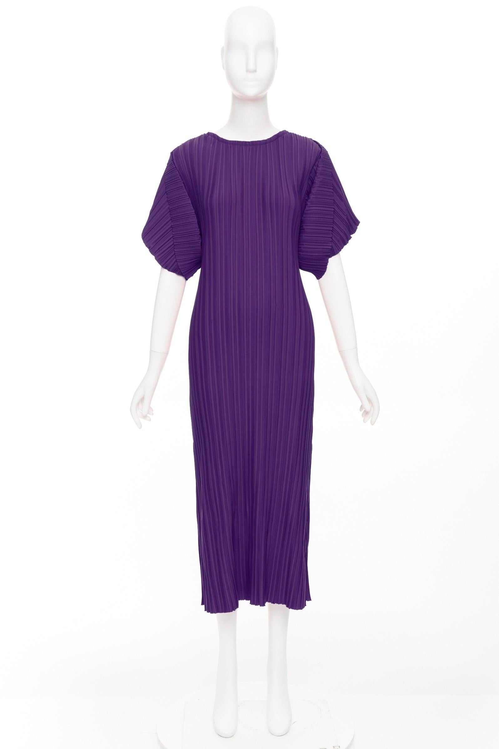 BAMBAH Beach purple plisse puff half sleeve crew neck midi dress For Sale 4