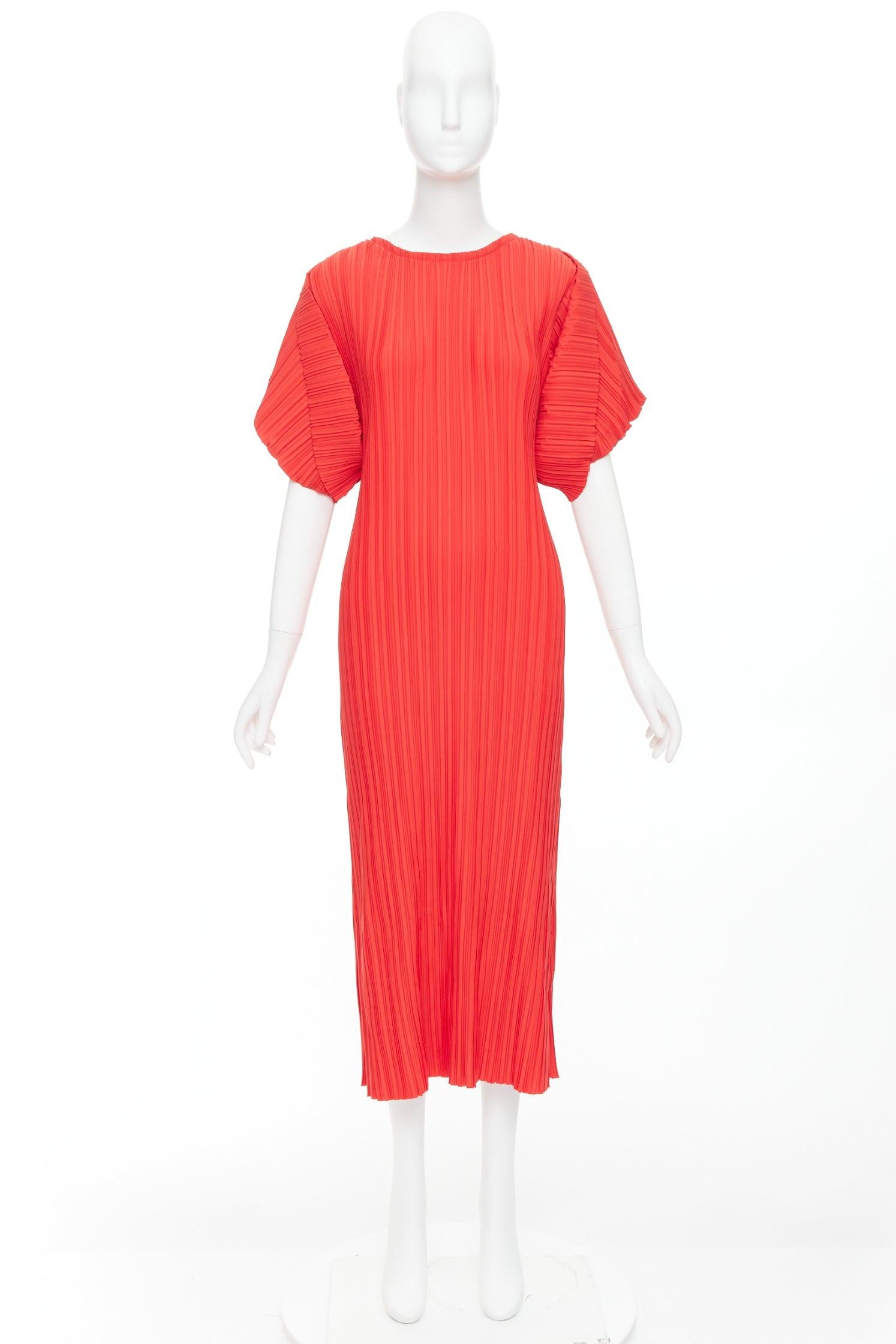 BAMBAH Beach red plisse puff half sleeve crew neck midi dress For Sale 4