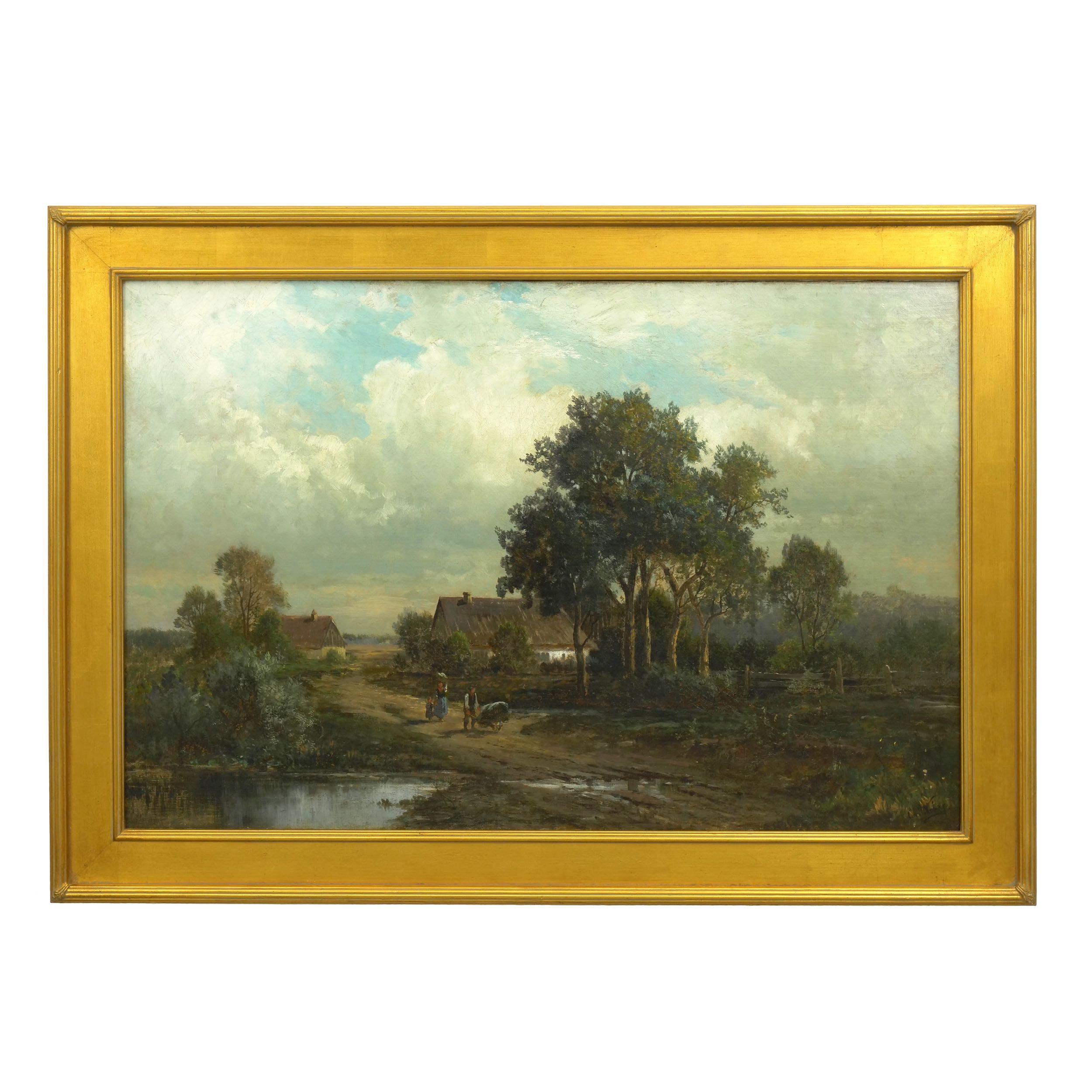 A moving landscape that captures a glimpse of the countryside of Bamberg, Germany during the late 19th century, there is a gentle story of peasant life told in the figures strolling down the rugged muddy path. Presumably taking their goods to town,