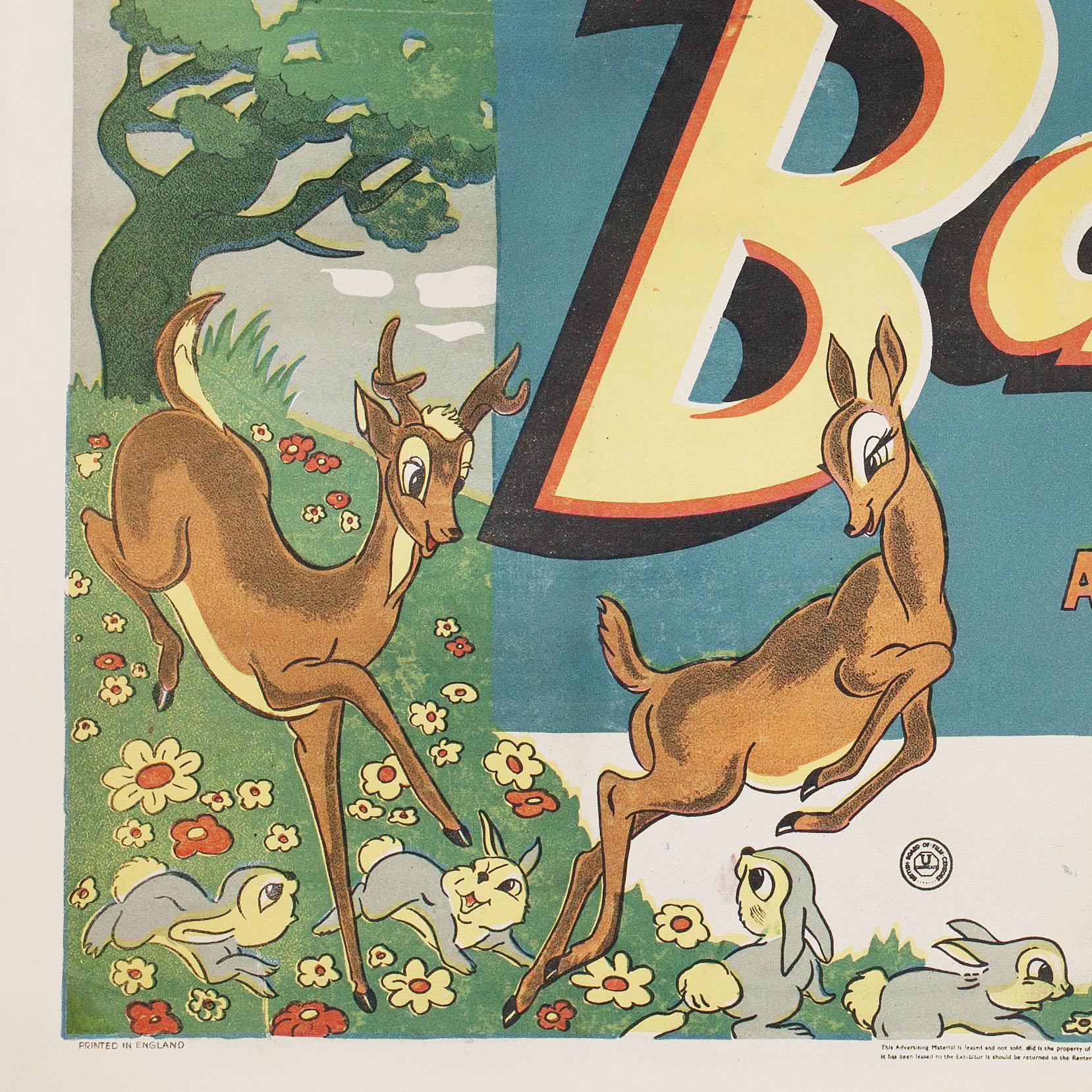 Original 1942 British quad poster for the film Bambi directed by James Algar / Samuel Armstrong / David Hand / Graham Heid / Bill Roberts / Paul Satterfield / Norman Wright with Hardie Albright / Stan Alexander / Bobette Audrey / Peter Behn. Fine