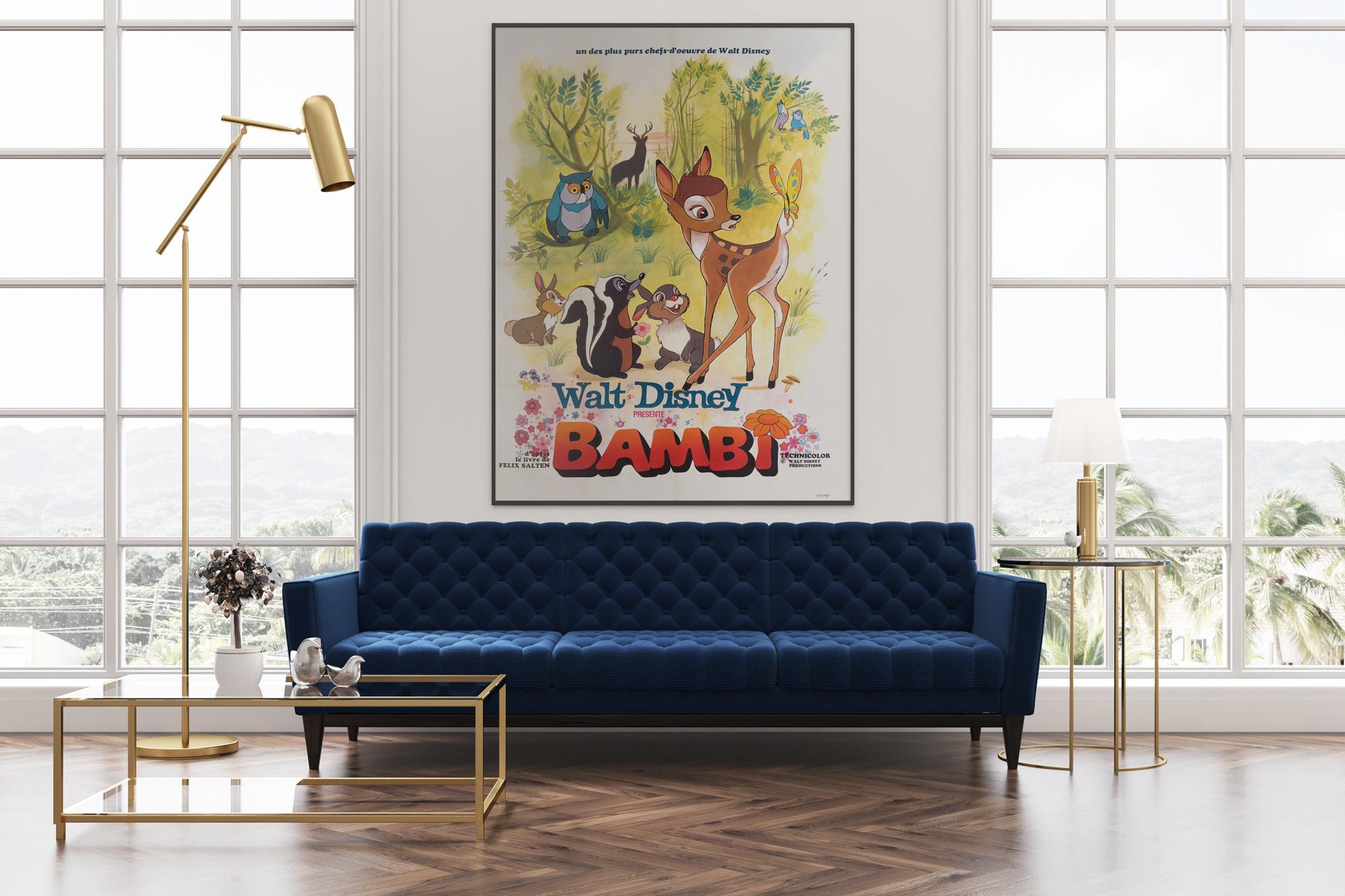 We love this charming original French film poster for 60s re-release of Disney classic Bambi. A wonderfully softly illustrated poster in fabulous condition.

This vintage movie poster was folded (as issued) but has been professionally linen-backed