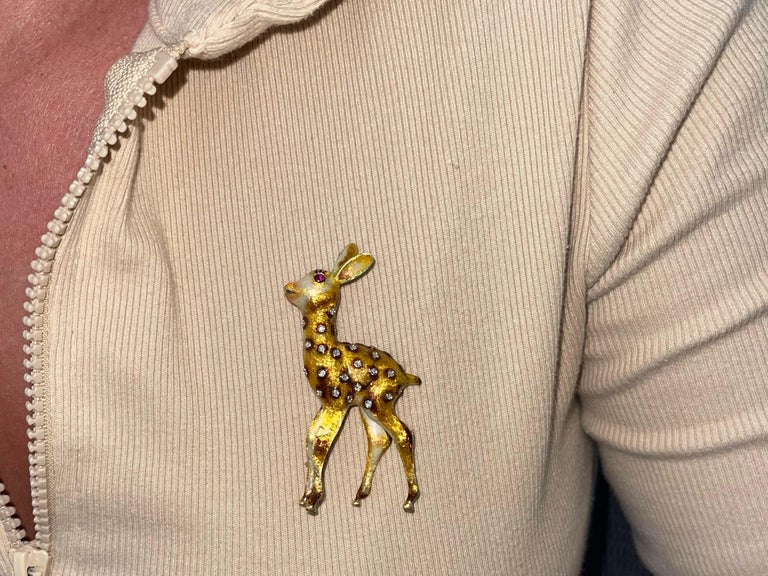 Bambi Diamond Ruby Enamel Brooch in 18k Yellow Gold For Sale at 1stDibs
