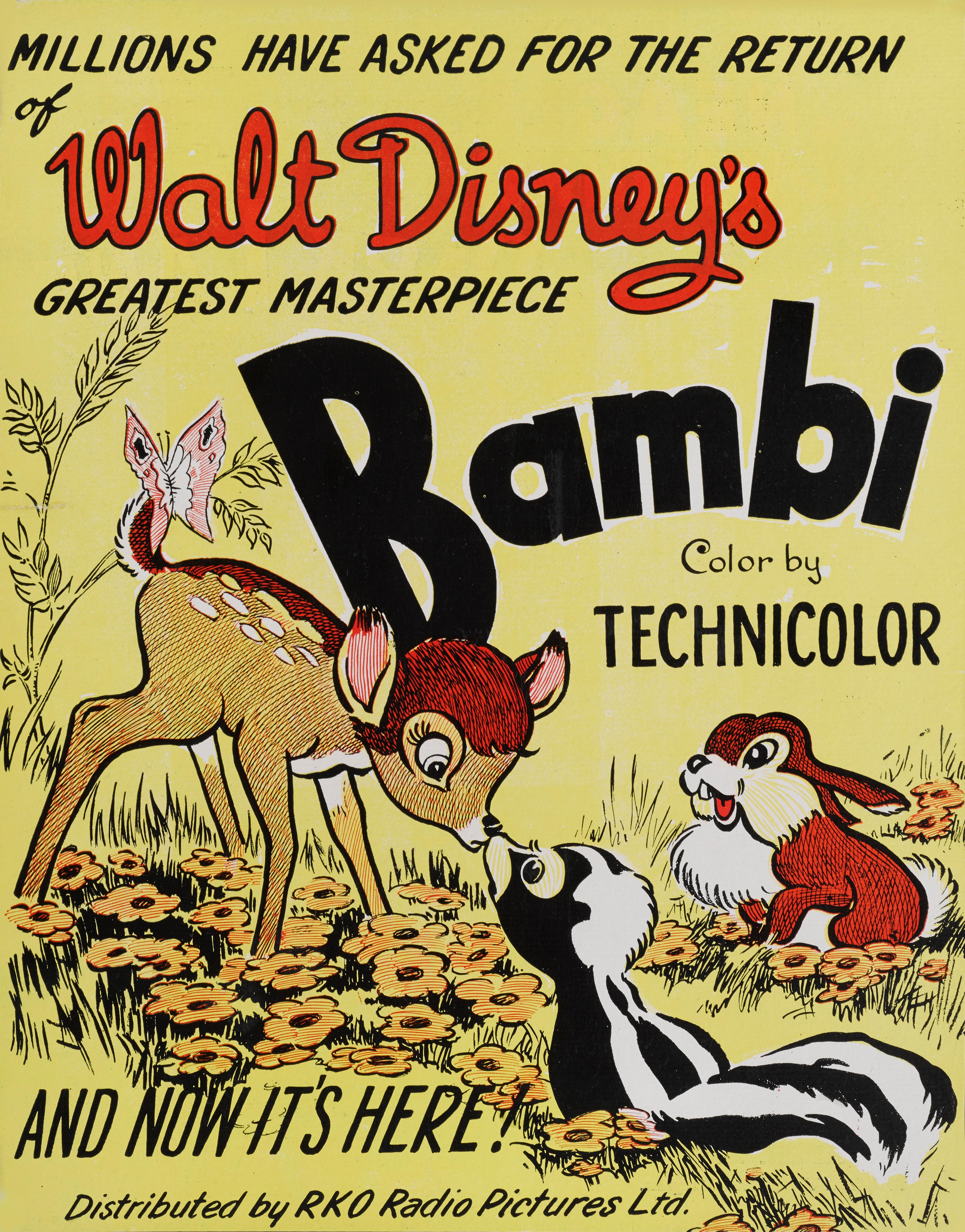 Original British trade advertisement Bambi, 1942.
This trade advertisement was designed for the films rerelease in 1948
This piece is paper backed and would be sent out flat.