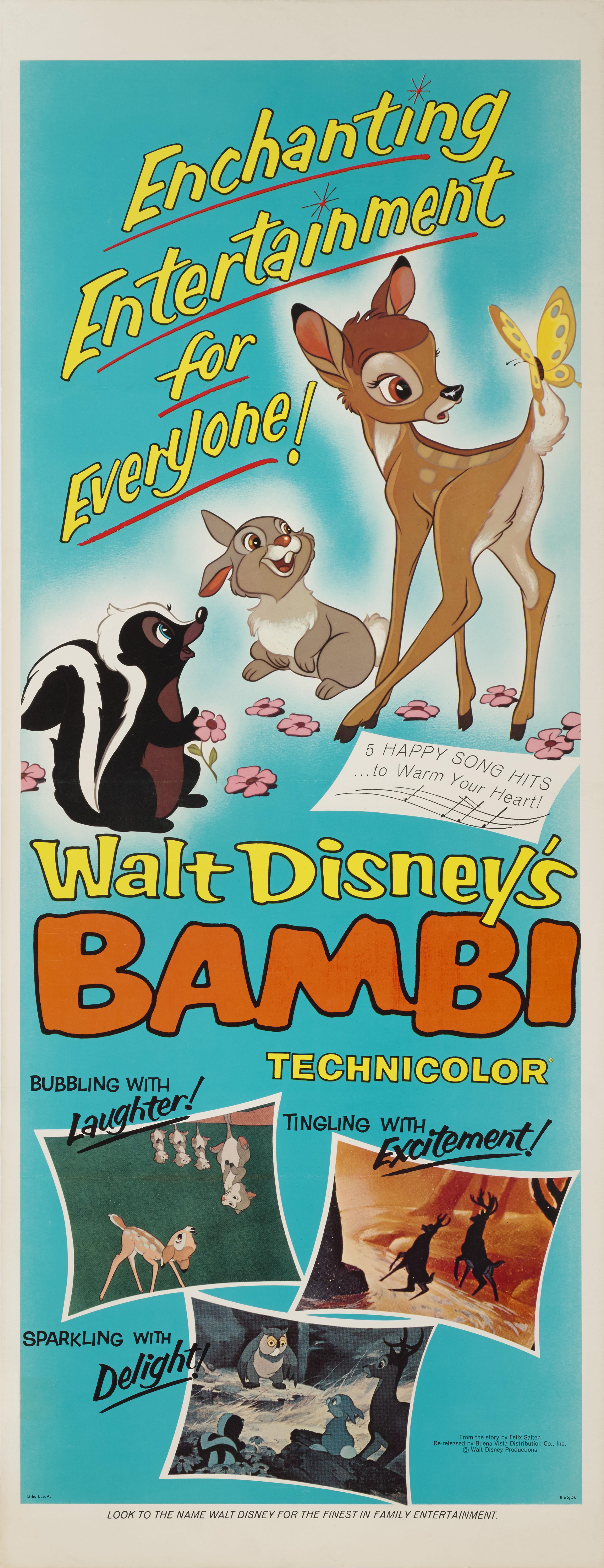 Original US-Filmplakat für Walt Disneys Animationsklassiker von 1942.
Dieses Plakat wurde für die Neuauflage des Films im Jahr 1966 entworfen und verwendet.
Dieses Stück ist ungefaltet und in nahezu neuwertigem Zustand. Es ist auch mit Schutzpapier