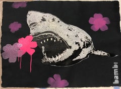 'Shark' with Pink Flowers Spraypaint Stencil Diamond Dust, Handfinished 