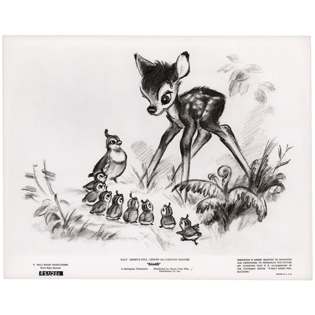 Original 1957 re-release U.S. silver gelatin single-weight photo for the 1942 film Bambi directed by James Algar / Samuel Armstrong / David Hand / Graham Heid / Bill Roberts / Paul Satterfield / Norman Wright with Hardie Albright / Stan Alexander /