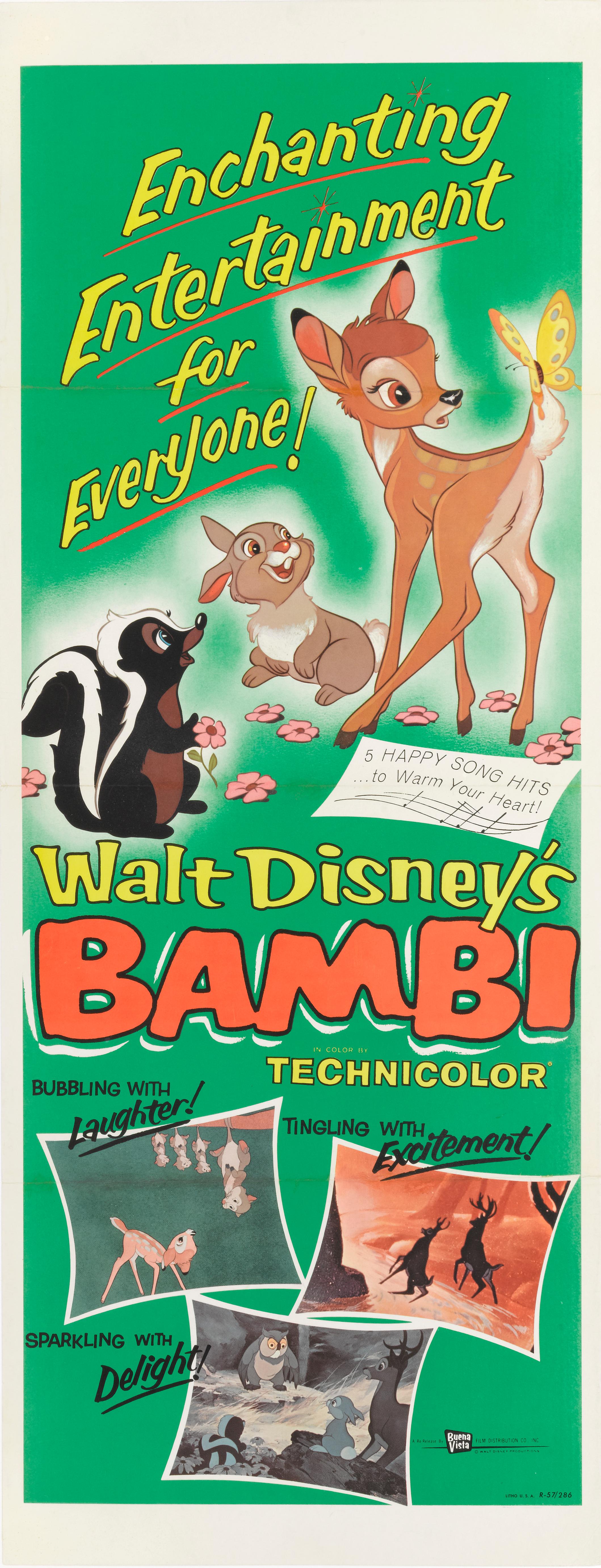 Poster cinematografico originale degli Stati Uniti per il film d'animazione classico di Walt Disney del 1942.
Questo poster è stato disegnato e utilizzato per la riedizione del film nel 1957.
Questo pezzo è supportato da carta di conservazione e