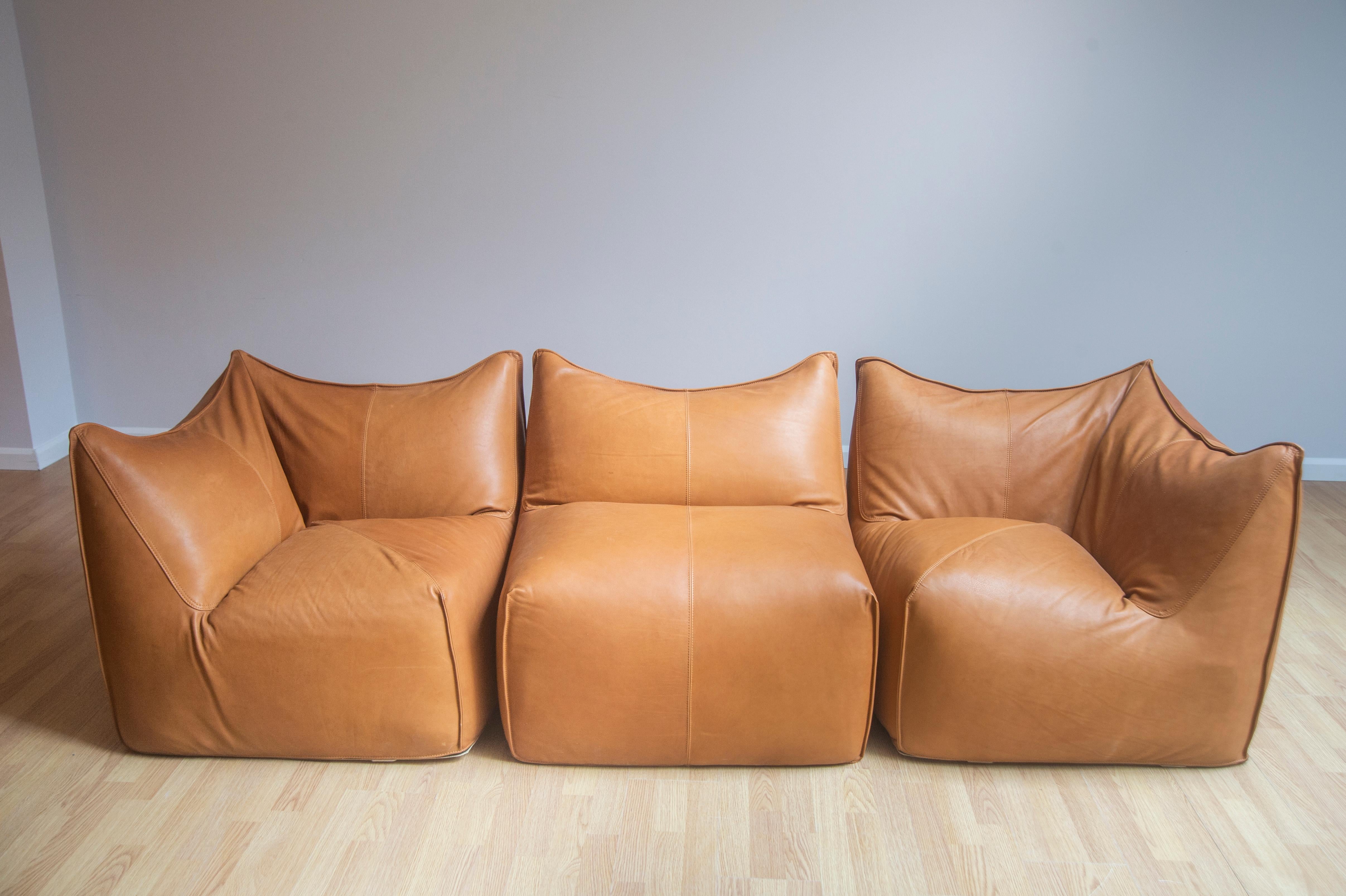 Bambole leather sofa by Bonjour Ostende.
Dimensions: D 102 x W 291 x H 70 cm, Seat H 38 cm.
Materials: Full gran aniline cognac leather.

2 x Corner seat
1 x Open seat

Bonjour Ostende is the place in Oostende, Belgium for lovers of vintage,