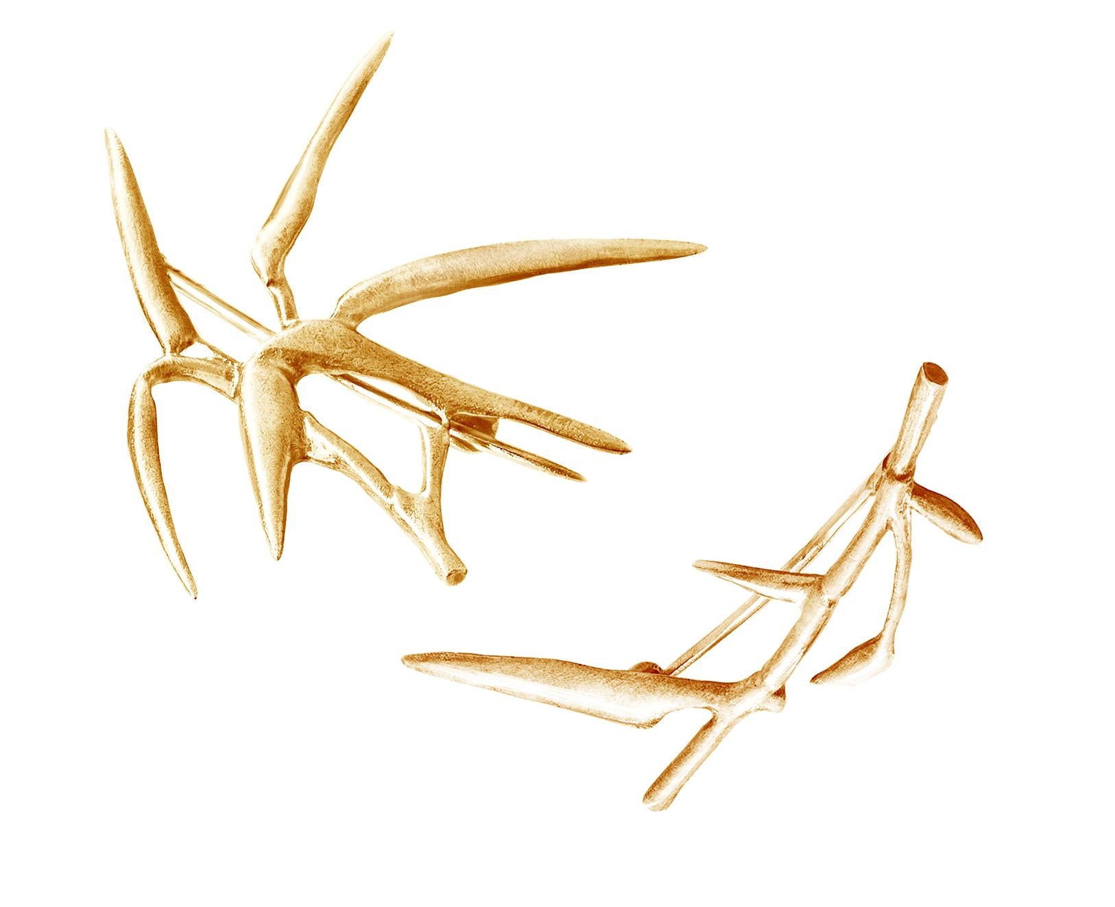 Women's or Men's Bamboo Eighteen Karat Yellow Gold Contemporary Brooches Diptych by the Artist For Sale