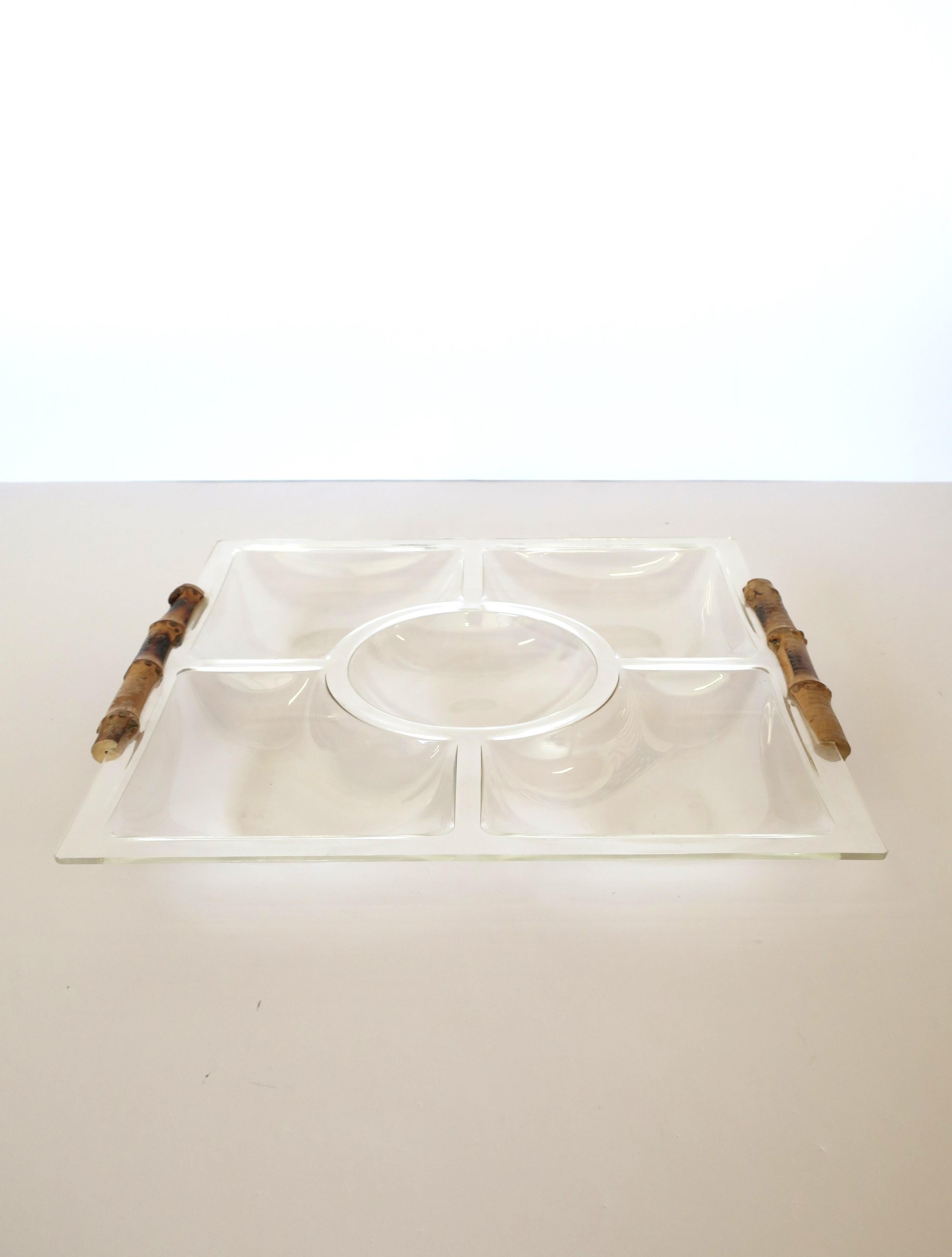 Chinoiserie Bamboo and Acrylic Sectional Serving Tray Bowl the Style of Gucci, 1977