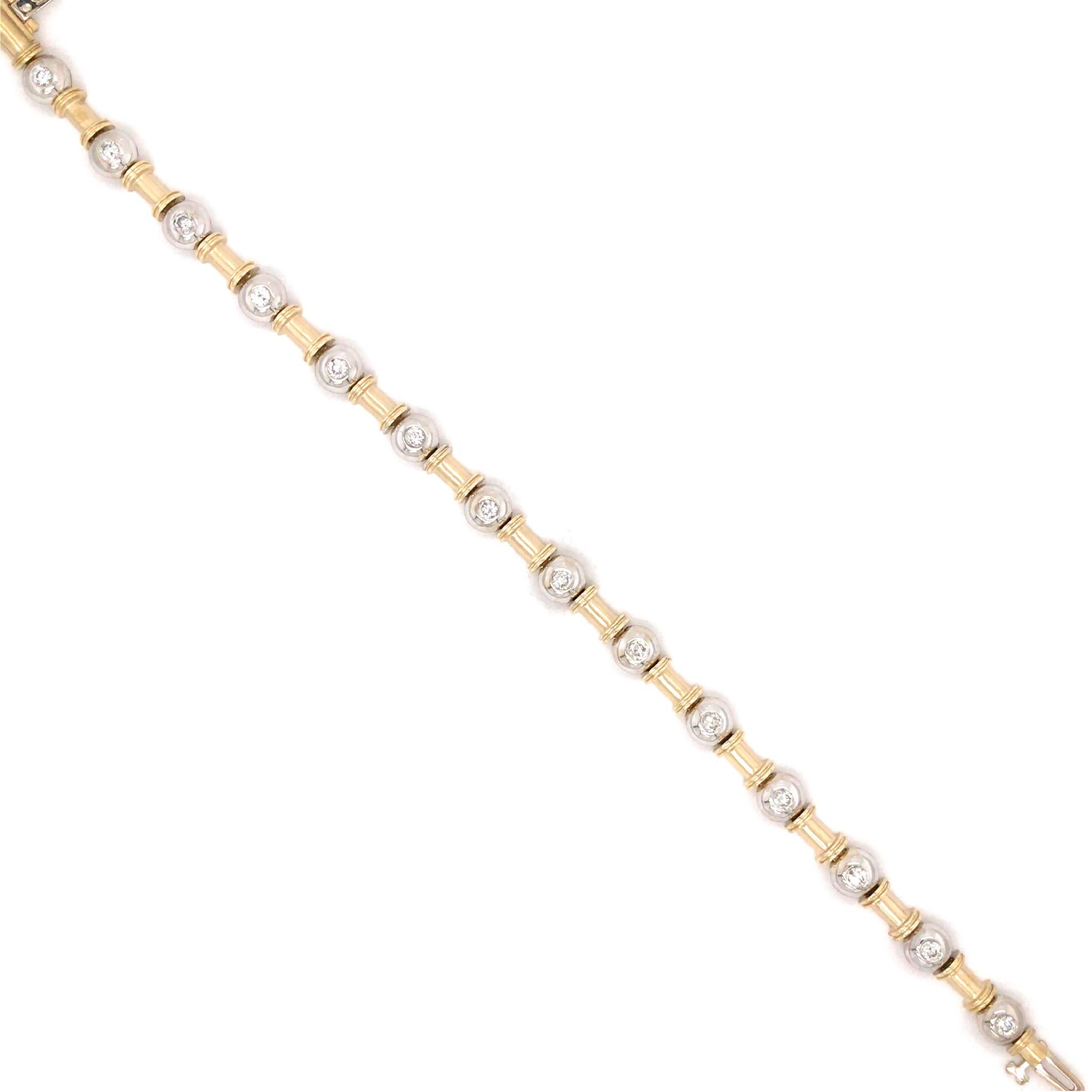 Round Cut Bamboo and Bead Motif, 14k Yellow Gold Diamond Bezel Bracelet For Sale