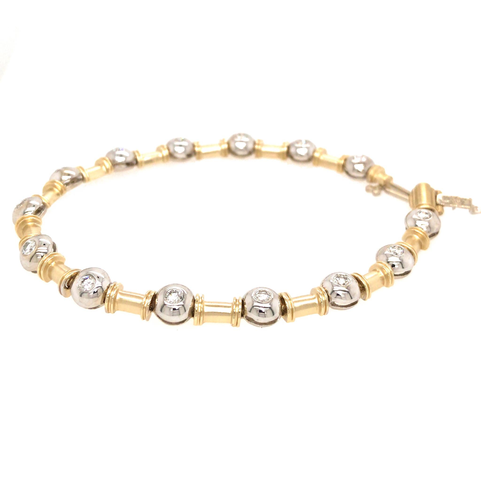 Bracelet à motif de bambou et de perles, or jaune 14 carats et diamants Pour femmes en vente