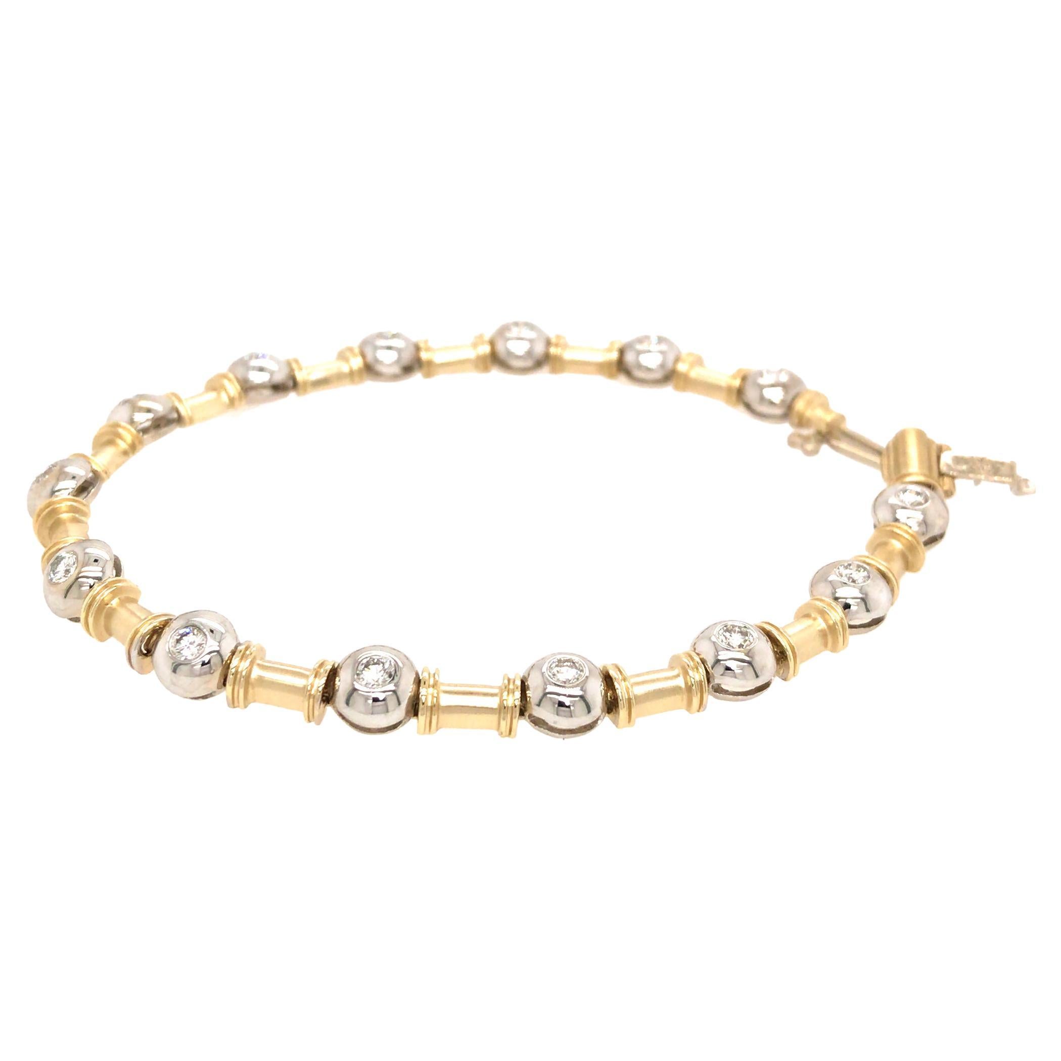 Bamboo and Bead Motif, 14k Yellow Gold Diamond Bezel Bracelet For Sale