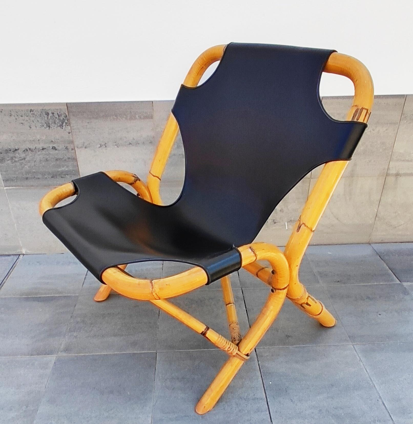20th Century Bamboo and Black Leatherette Armchair, Spain 1960s