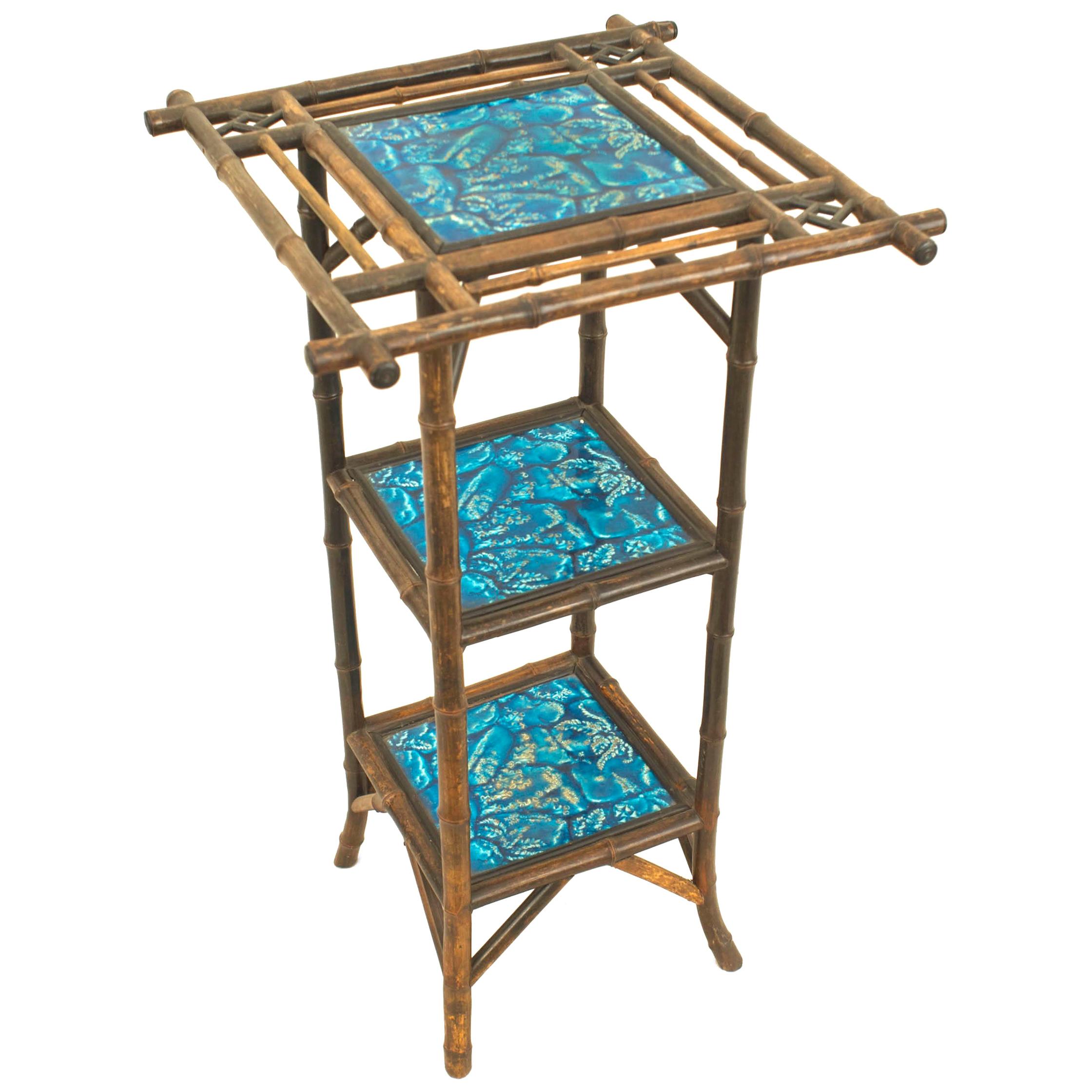 Bamboo and Blue Porcelain End Table For Sale