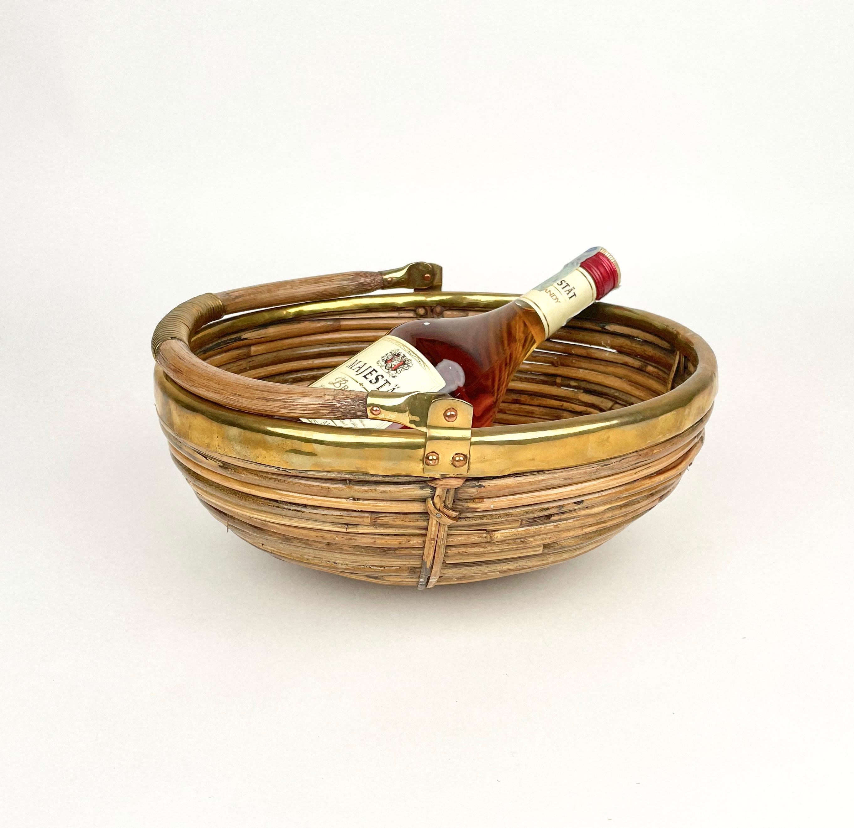 Bamboo and Brass Basket Bowl with Handle, Italy, 1970s For Sale 2