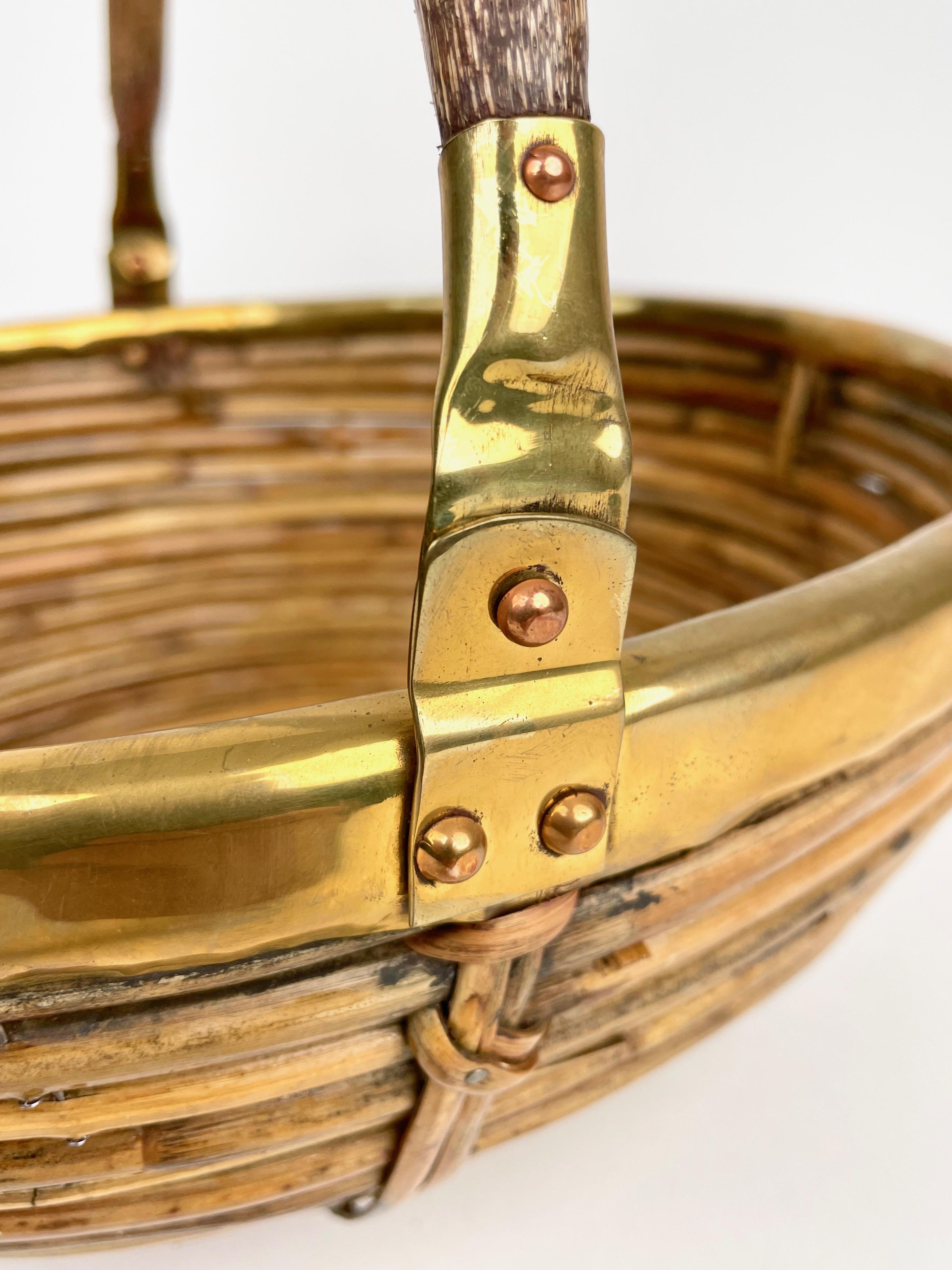 Bamboo and Brass Basket Bowl with Handle, Italy, 1970s For Sale 5