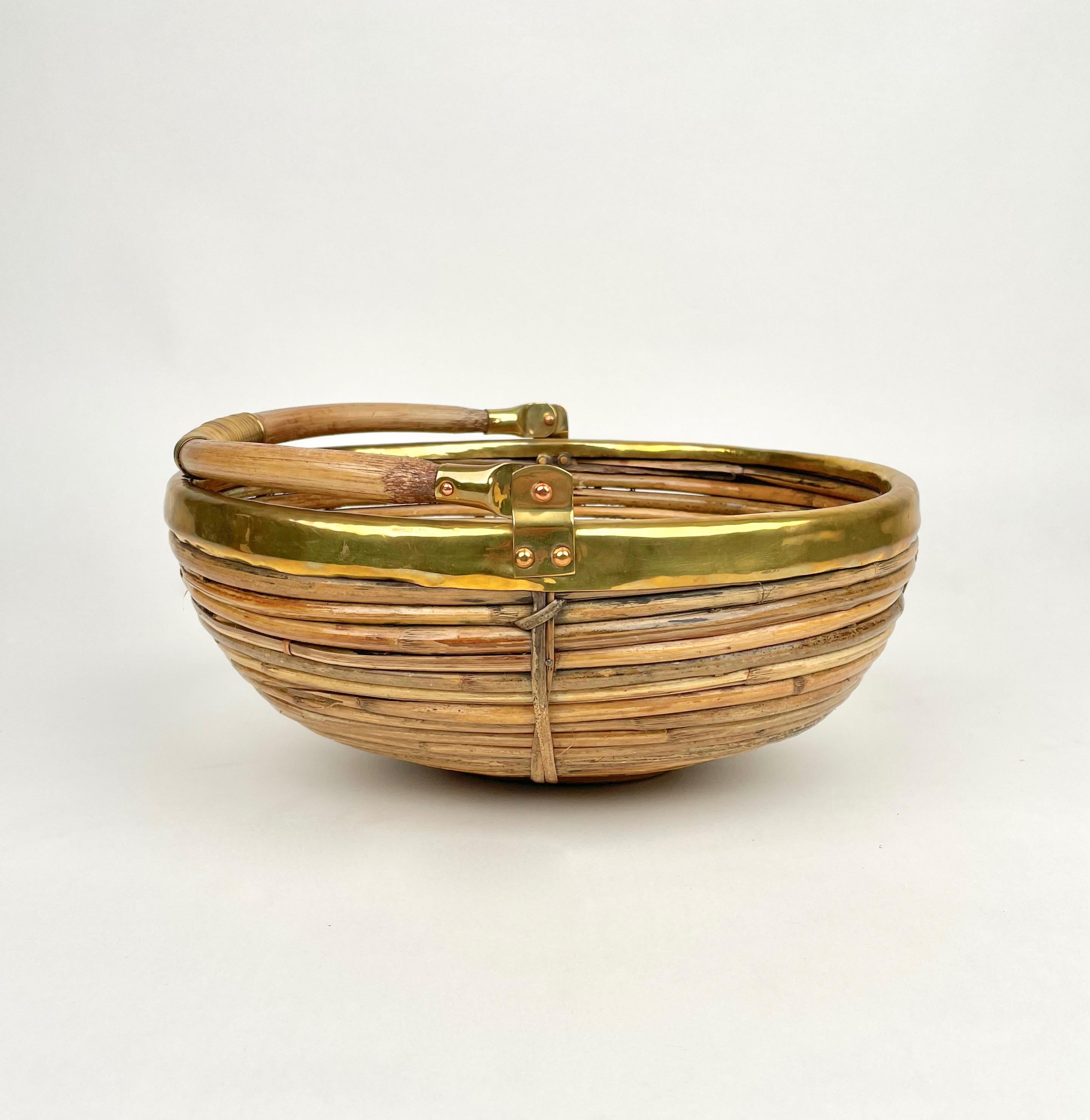 Italian Bamboo and Brass Basket Bowl with Handle, Italy, 1970s For Sale