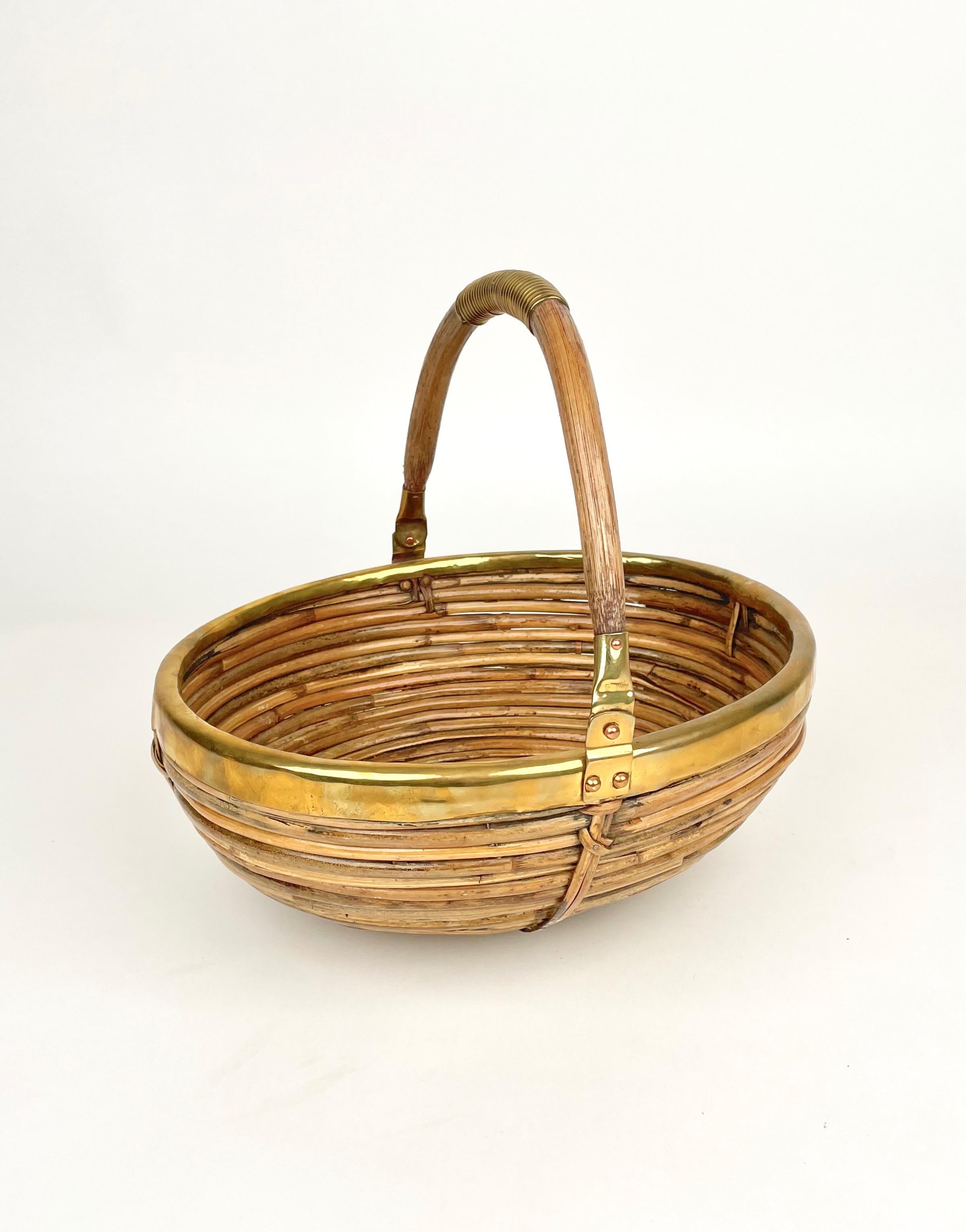 Late 20th Century Bamboo and Brass Basket Bowl with Handle, Italy, 1970s For Sale