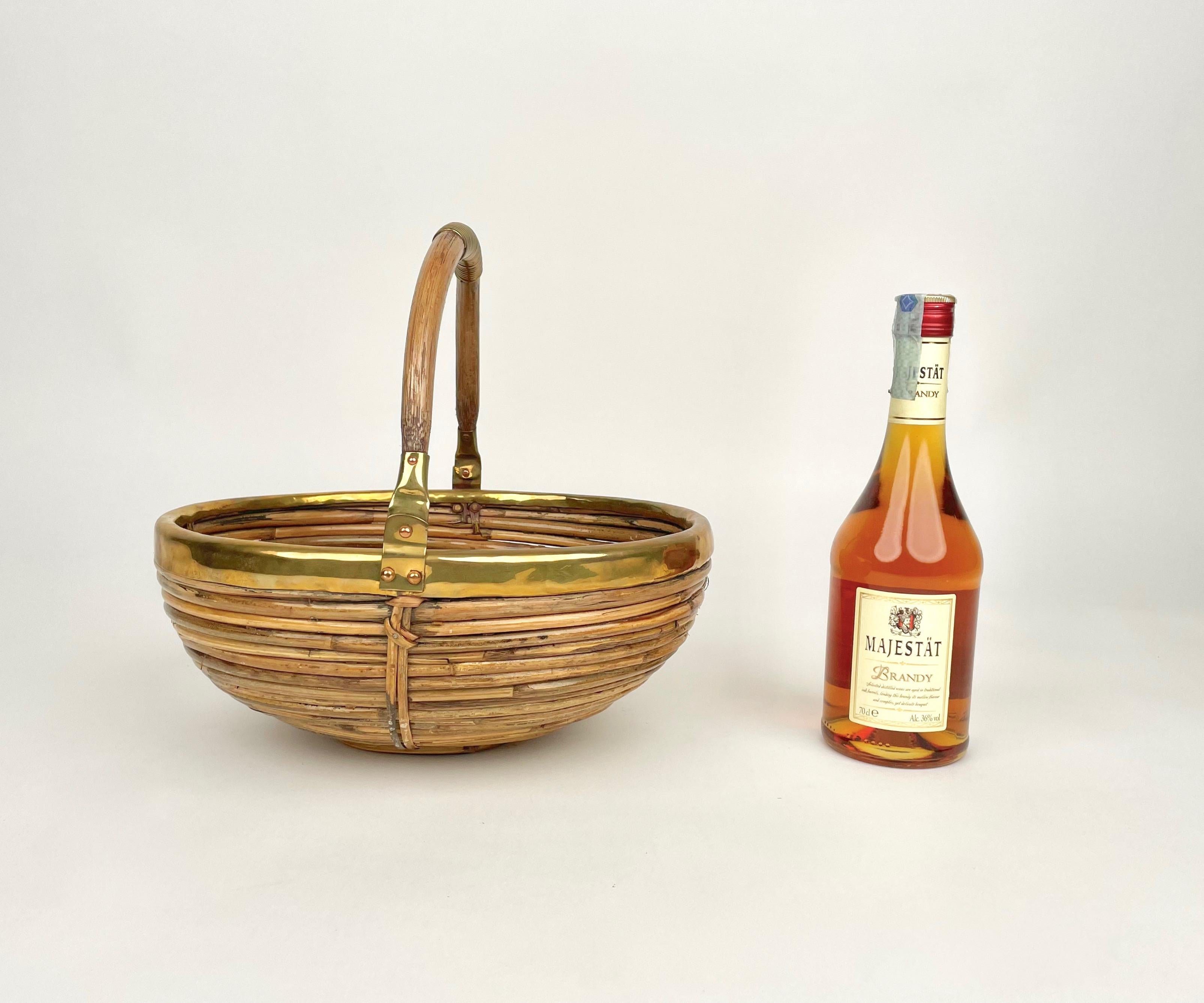 Bamboo and Brass Basket Bowl with Handle, Italy, 1970s For Sale 1