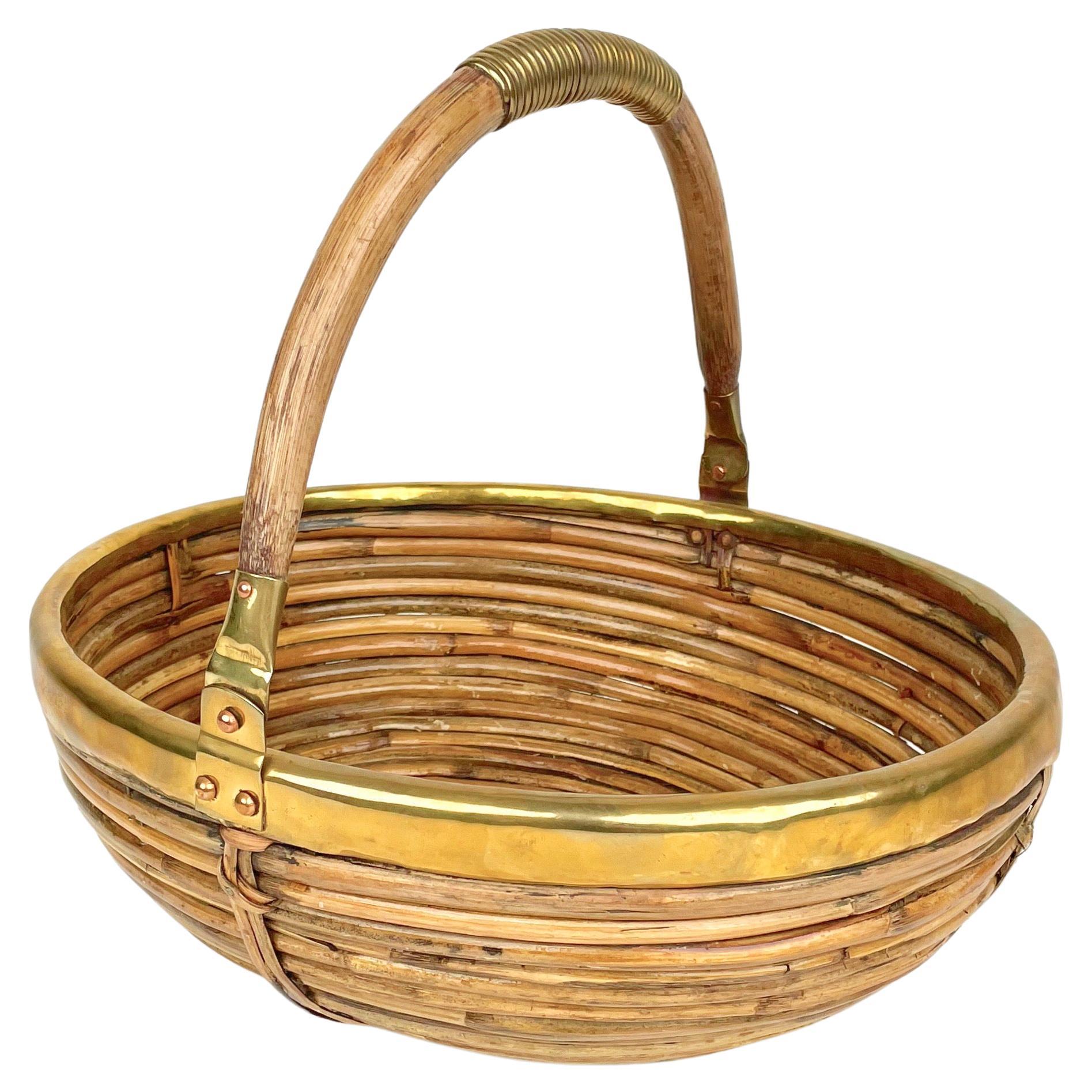 Bamboo and Brass Basket Bowl with Handle, Italy, 1970s For Sale