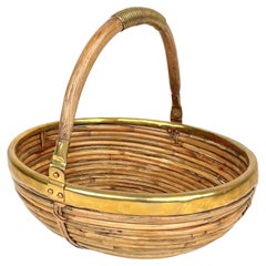 Bamboo and Brass Basket Bowl with Handle, Italy, 1970s