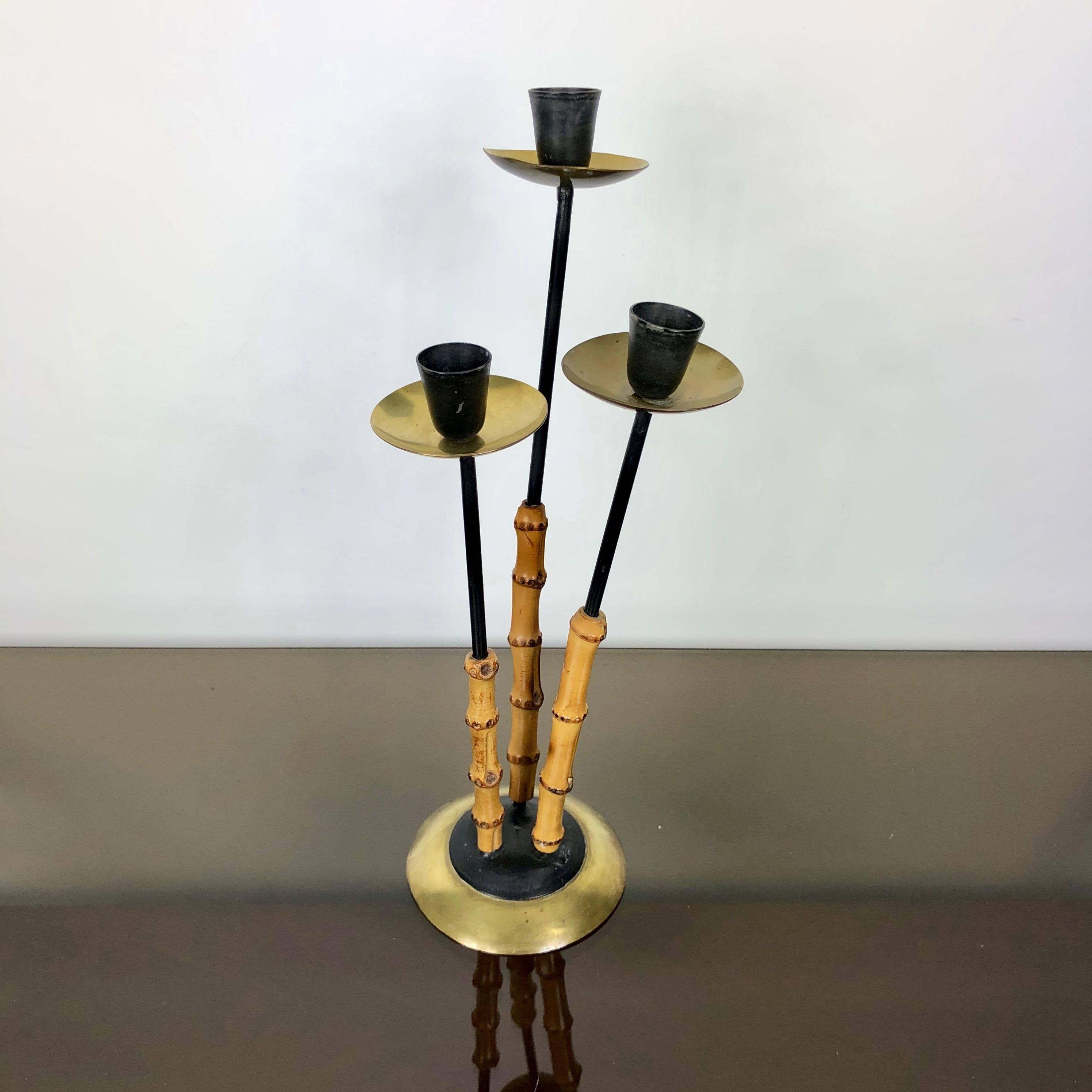 Mid-Century Modern Bamboo and Brass Candleholder, Three Arms, Italy, 1970s For Sale