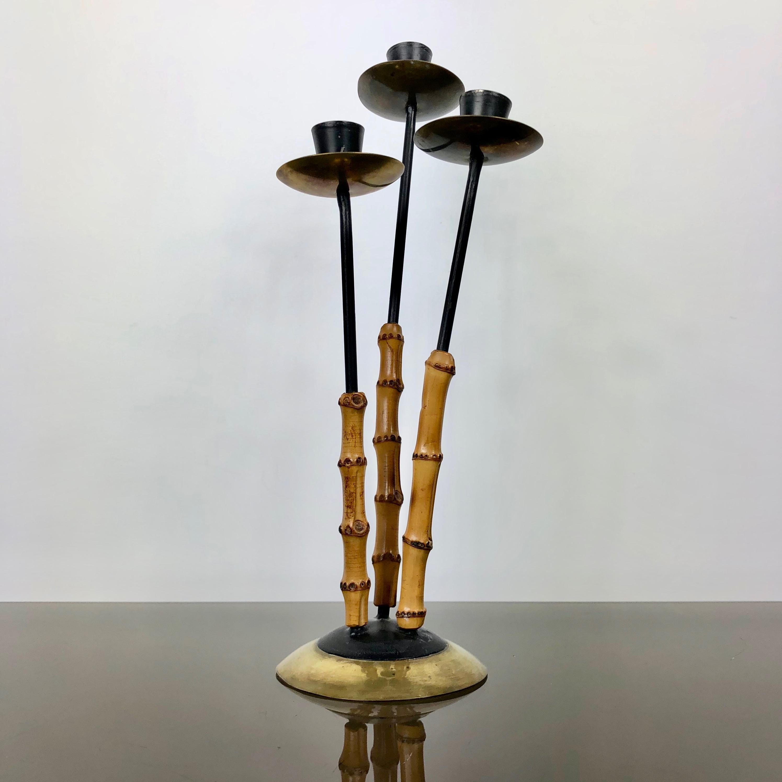 Italian Bamboo and Brass Candleholder, Three Arms, Italy, 1970s For Sale