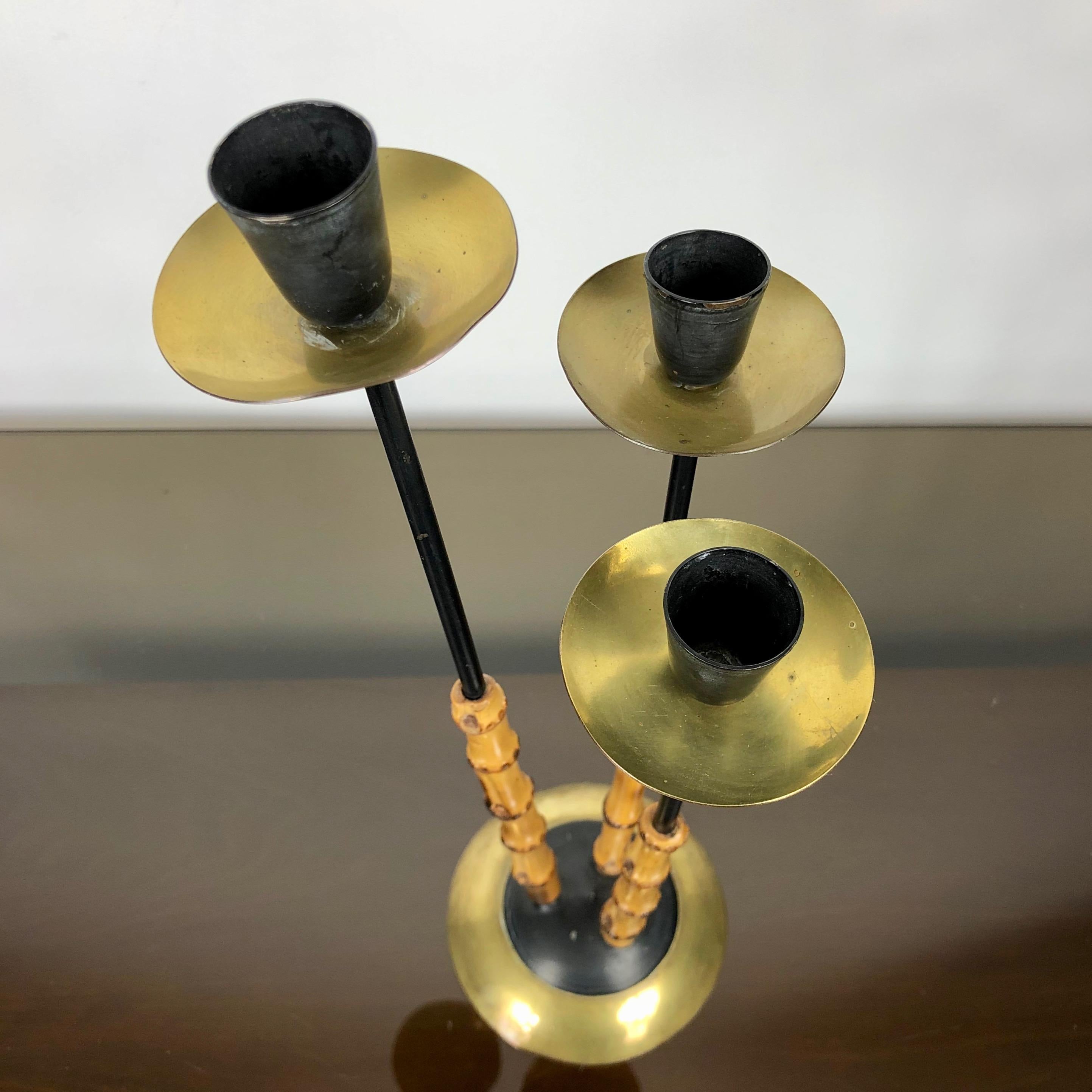 Bamboo and Brass Candleholder, Three Arms, Italy, 1970s In Good Condition For Sale In Rome, IT